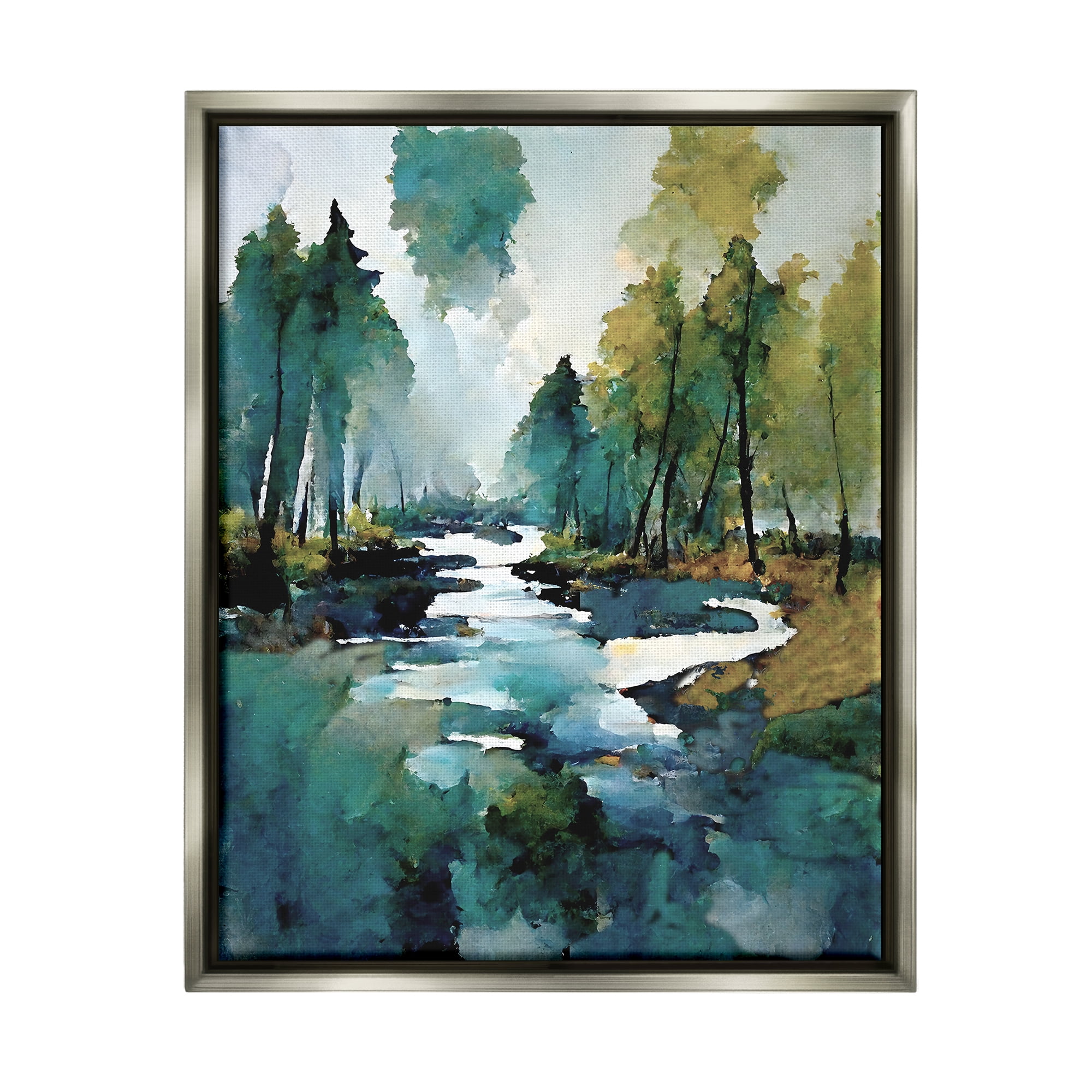 Stupell Industries Woodland Creek Painting Landscape Painting Gray Floater Framed Canvas Art Print Wall Art, 17 x 21