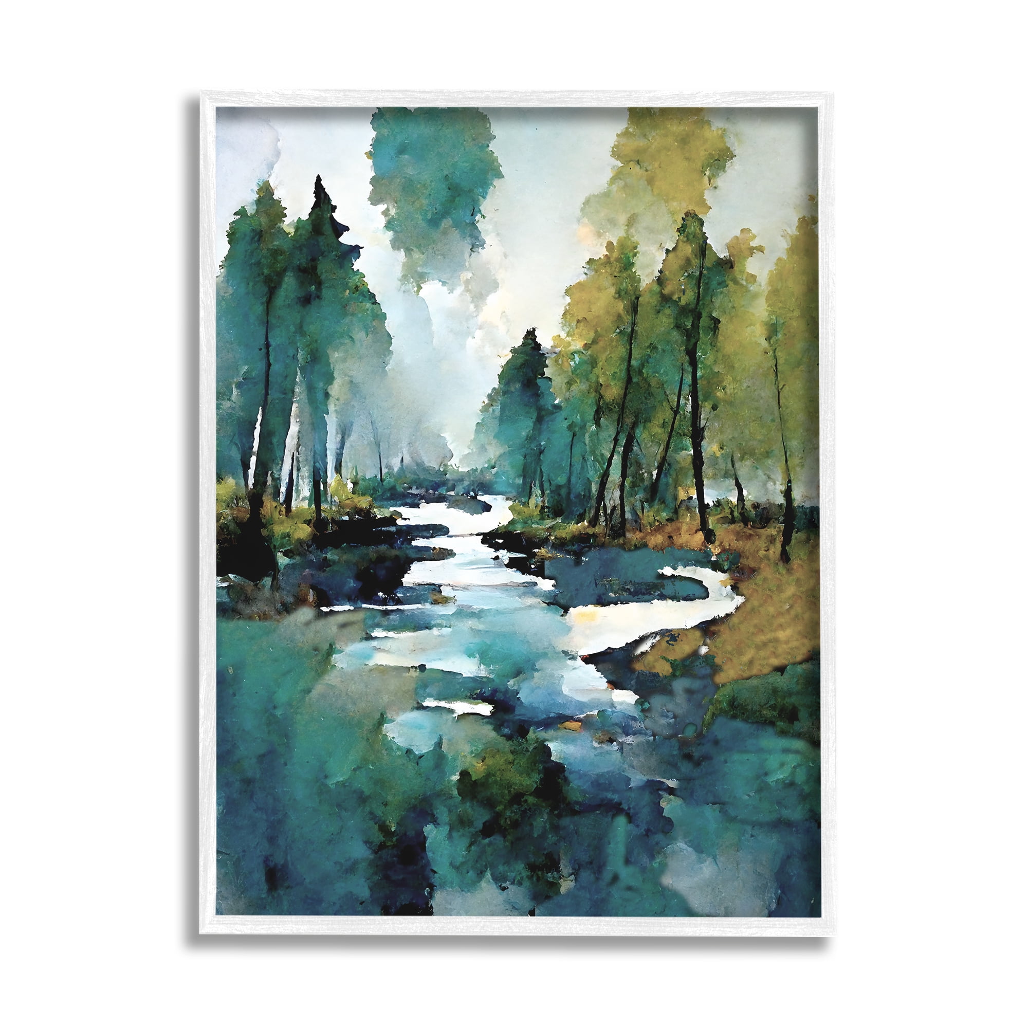 Stupell Industries Woodland Creek Painting Landscape Painting White Framed Art Print Wall Art, 11 x 14