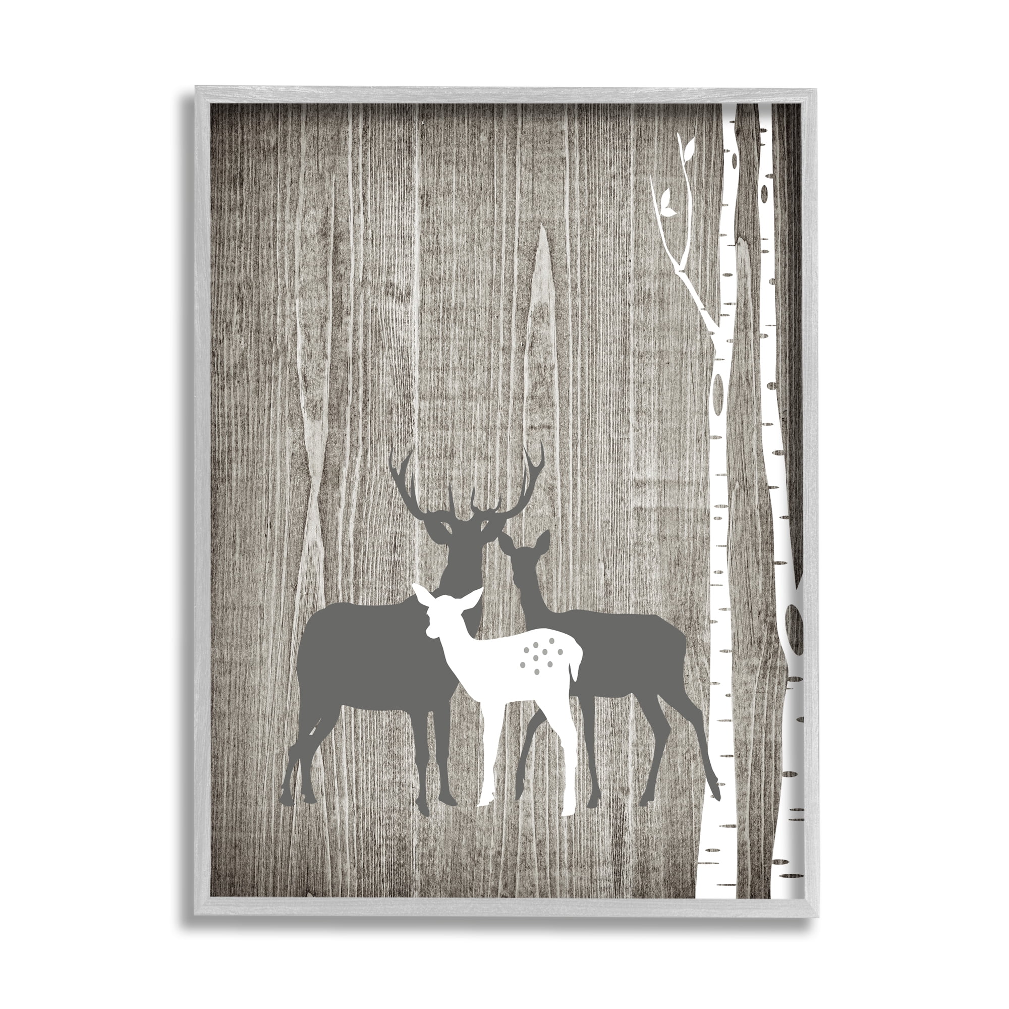 Stupell Industries Woodland Deer Family Trio Rustic Birch Trees Animals & Insects Painting Gray Framed Art Print Wall Art, 24 x 30