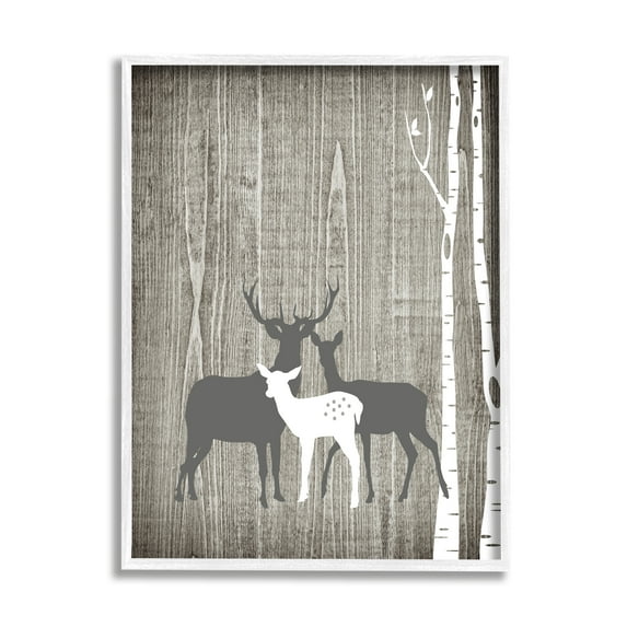Stupell Industries Woodland Deer Family Trio Rustic Birch Trees Animals & Insects Painting White Framed Art Print Wall Art, 24 x 30