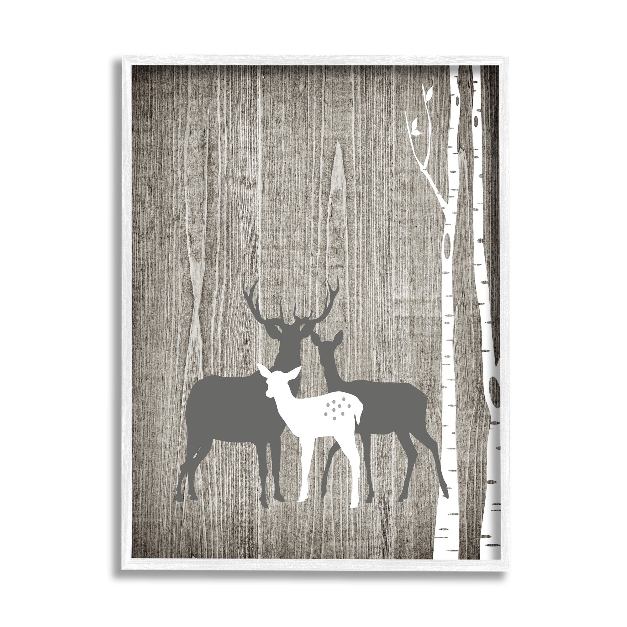 Stupell Industries Woodland Deer Family Trio Rustic Birch Trees Modern Painting White Framed Art Print Wall Art, 11 x 14, Design by Ashley Calhoun