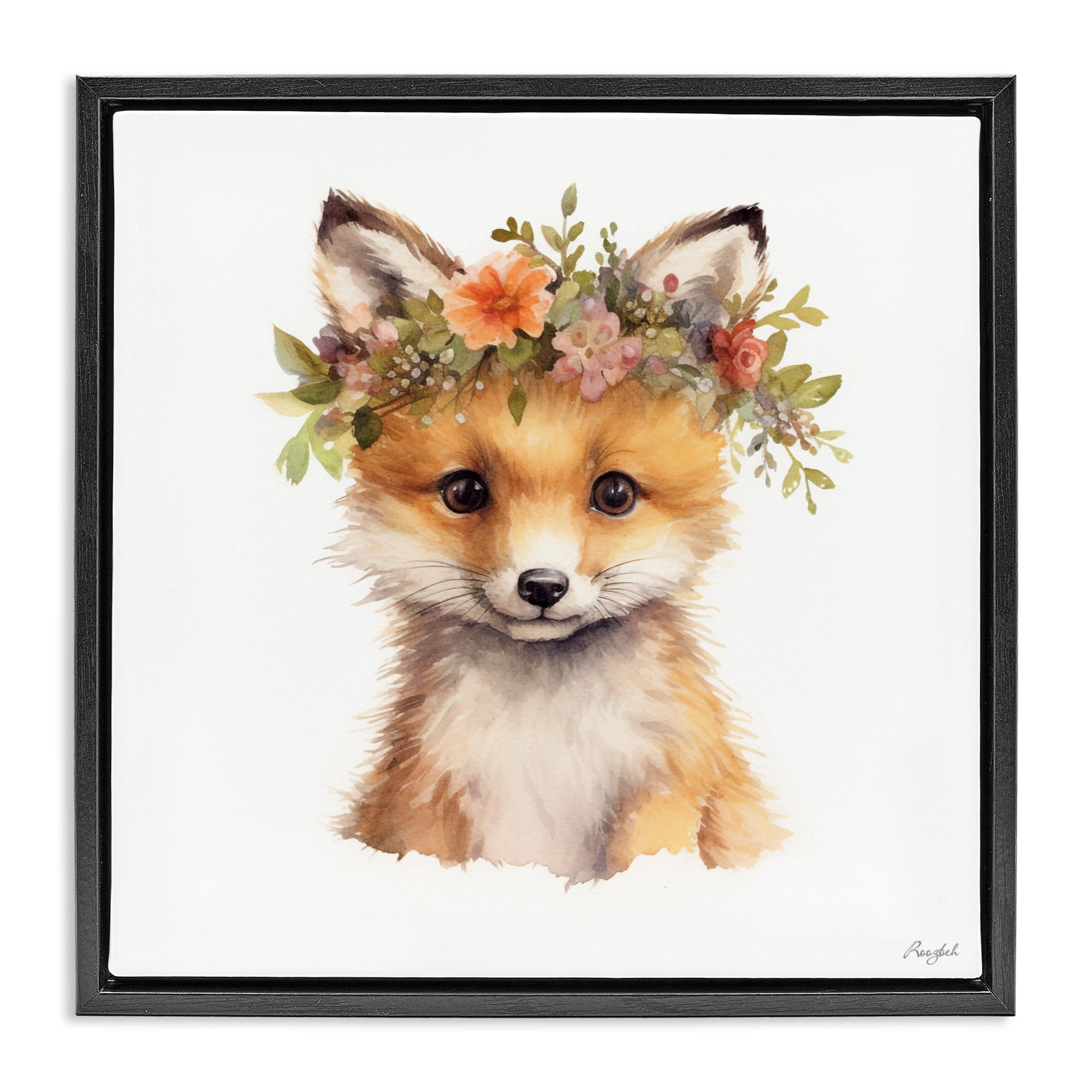 Stupell Industries Woodland Fox Flower Crown Black Framed Floater Canvas Wall Art, design by Roozbeh