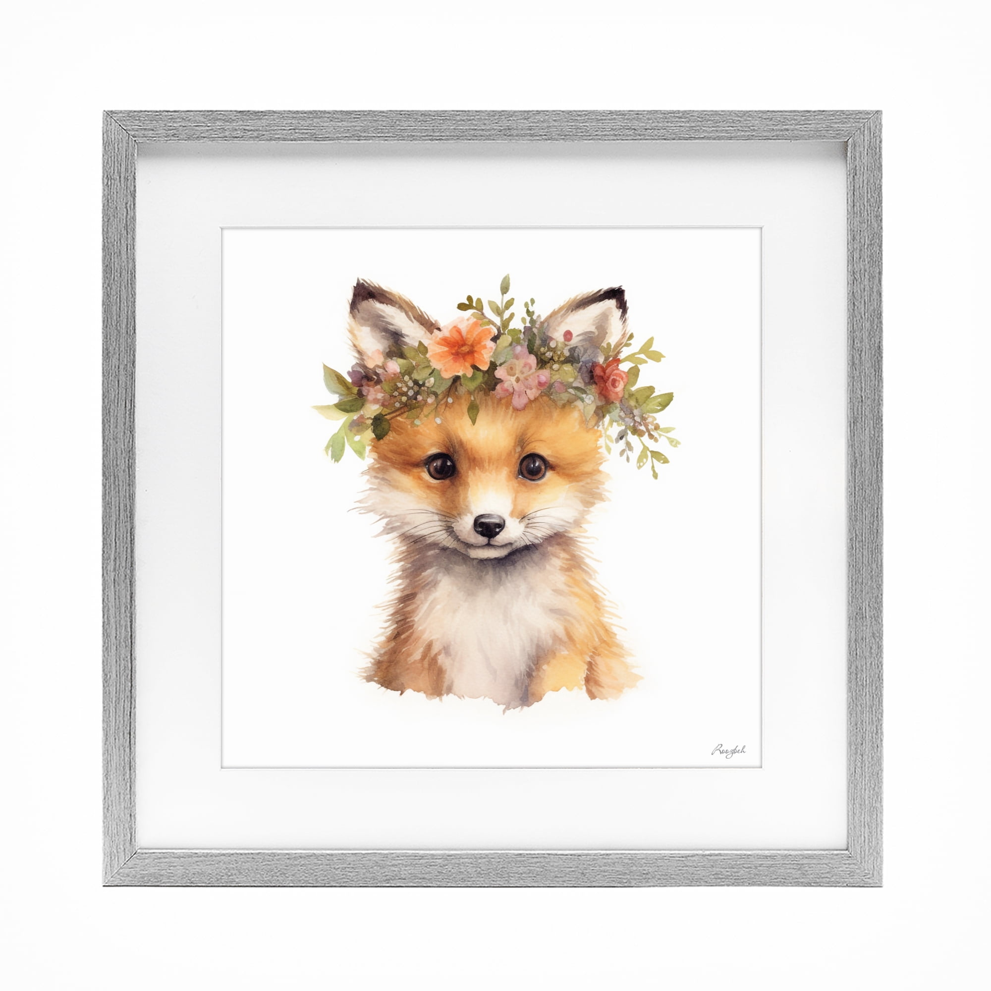 Stupell Industries Woodland Fox Flower Crown Gray Framed Print Under Glass, design by Roozbeh