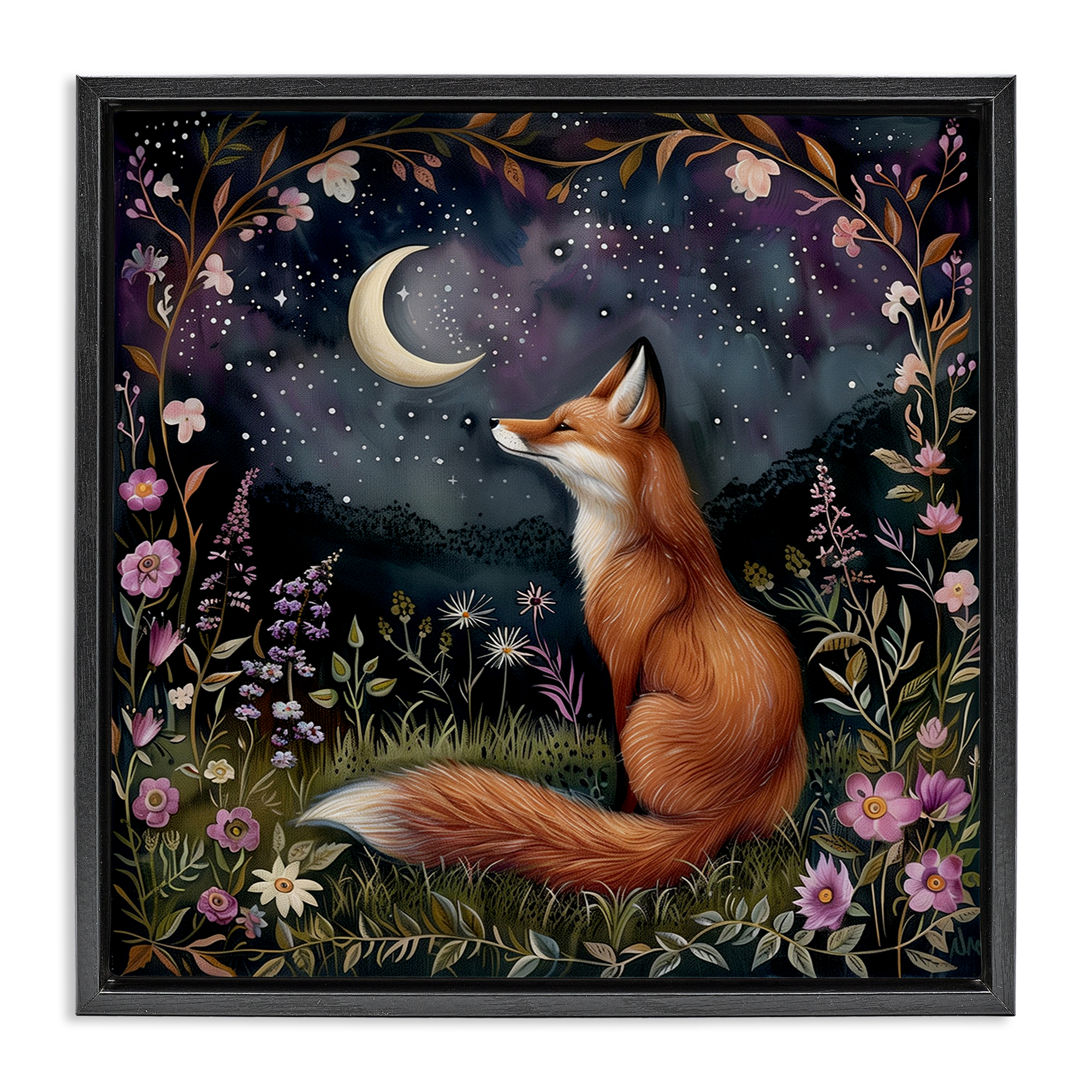 Stupell Industries Woodland Fox Night Forest Animals Painting Black Floater Framed Canvas Art Print Wall Art, 25 x 25