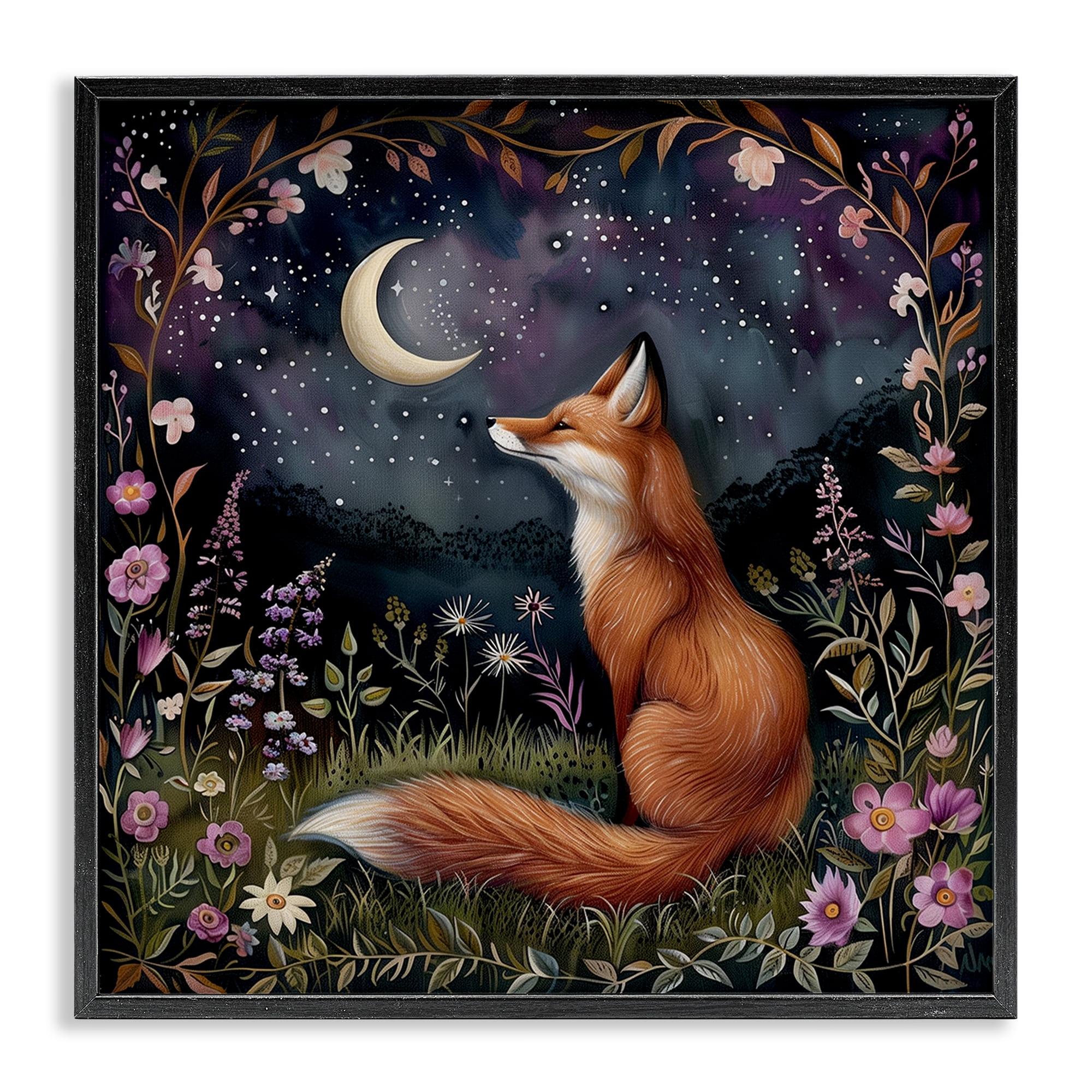 Stupell Industries Woodland Fox Night Forest Animals Painting Black Framed Art Print Wall Art, 24 x 24