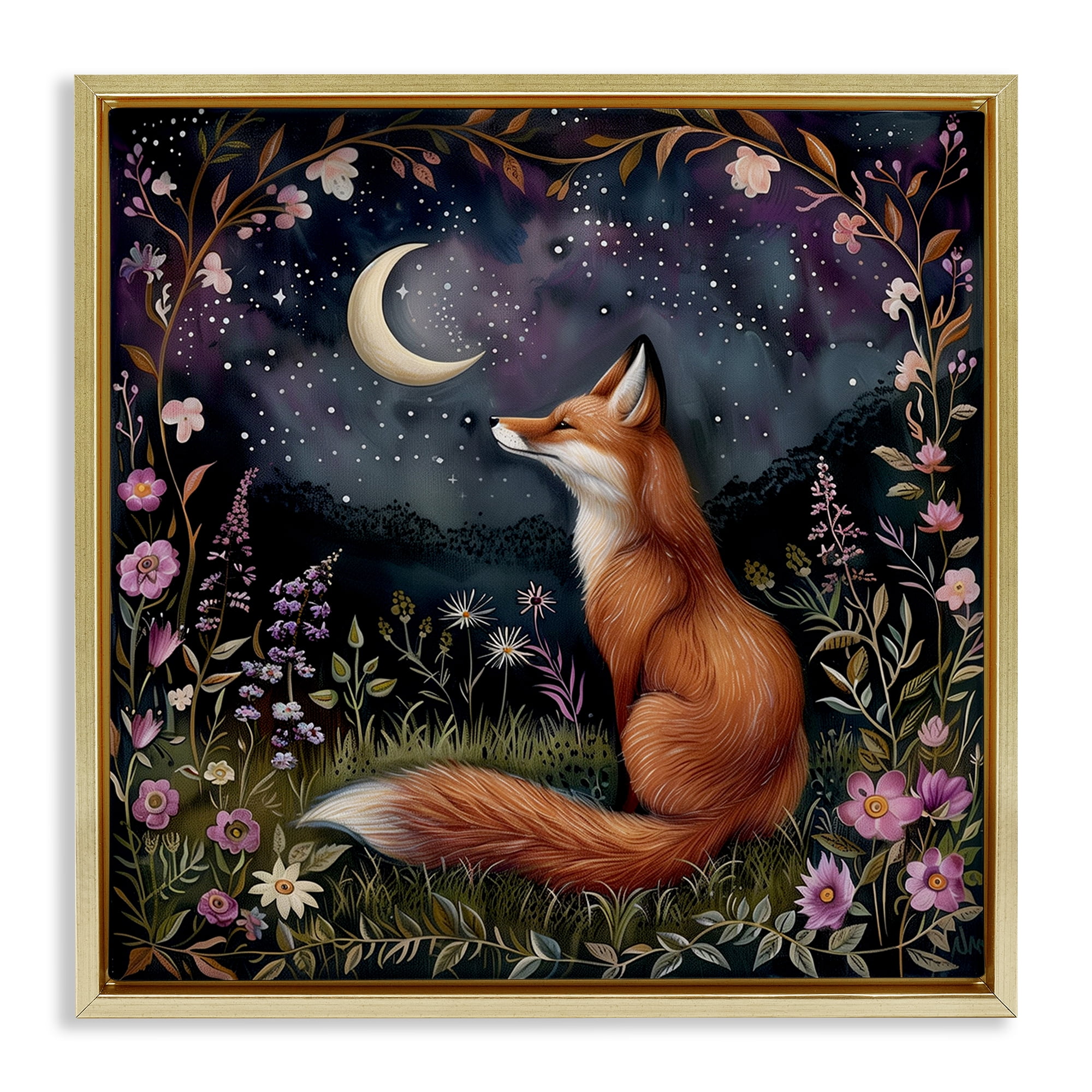 Stupell Industries Woodland Fox Night Forest Animals Painting Gold Floater Framed Canvas Art Print Wall Art, 18 x 18