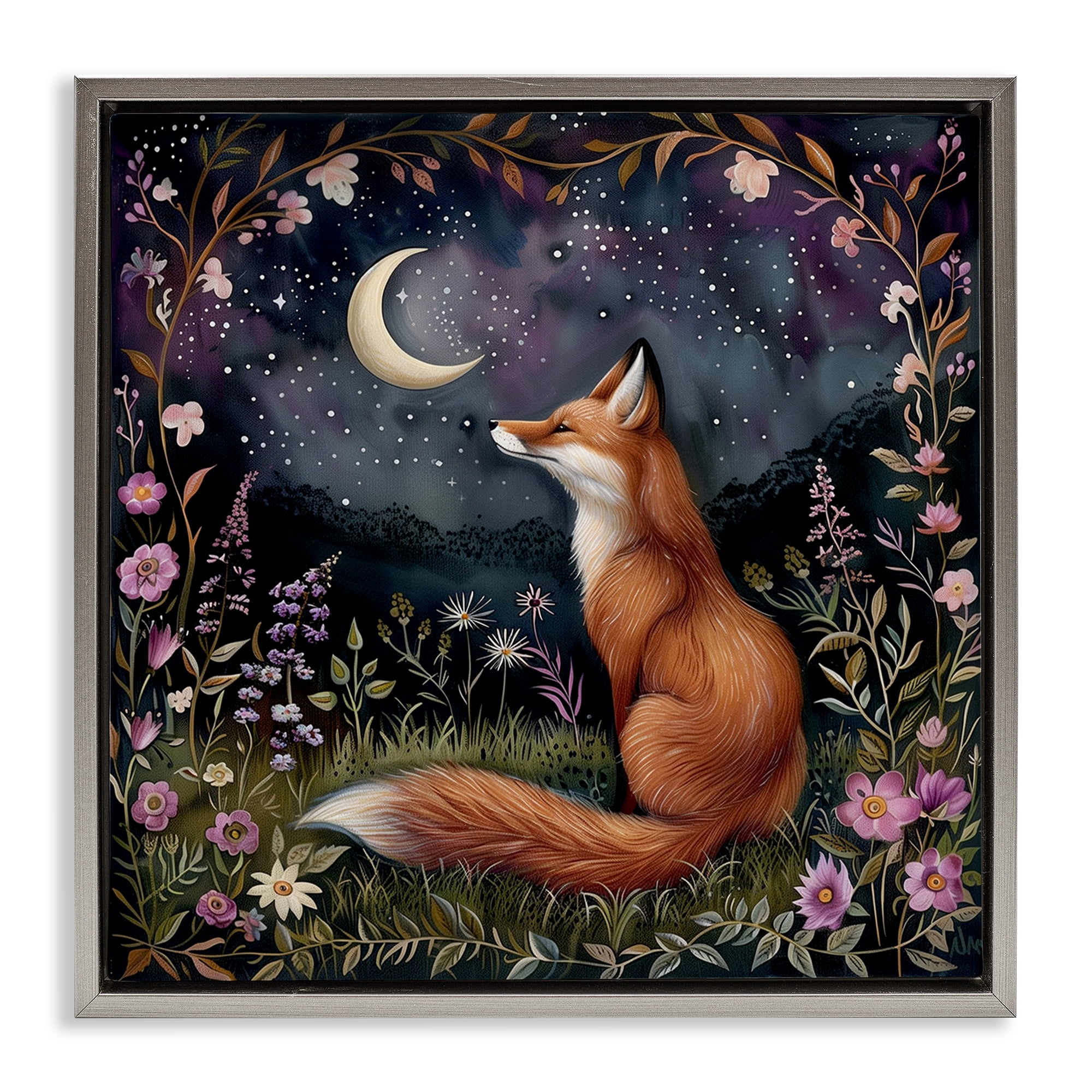 Stupell Industries Woodland Fox Night Forest Animals Painting Gray Floater Framed Canvas Art Print Wall Art, 18 x 18