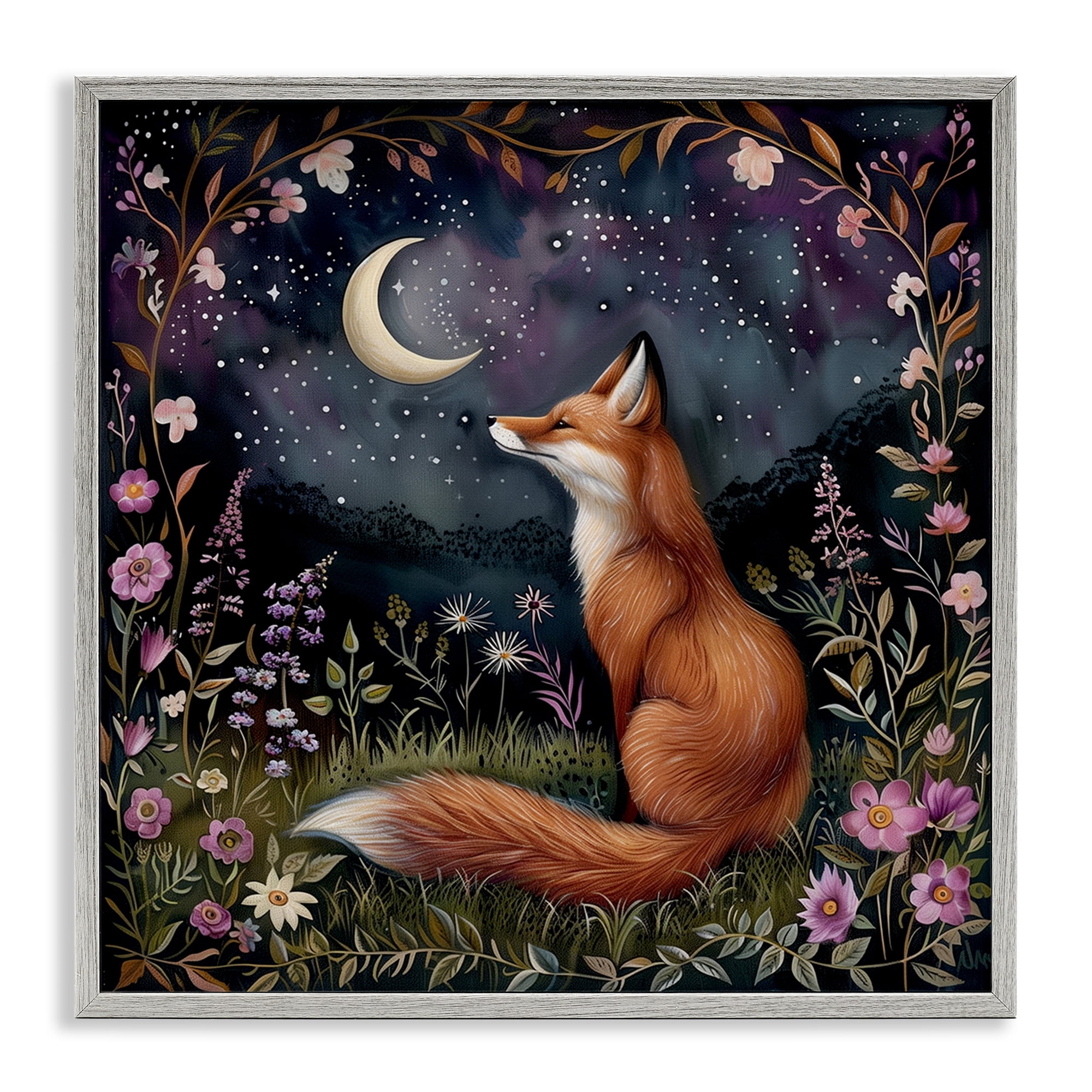 Stupell Industries Woodland Fox Night Forest Animals Painting Gray Framed Art Print Wall Art, 24 x 24