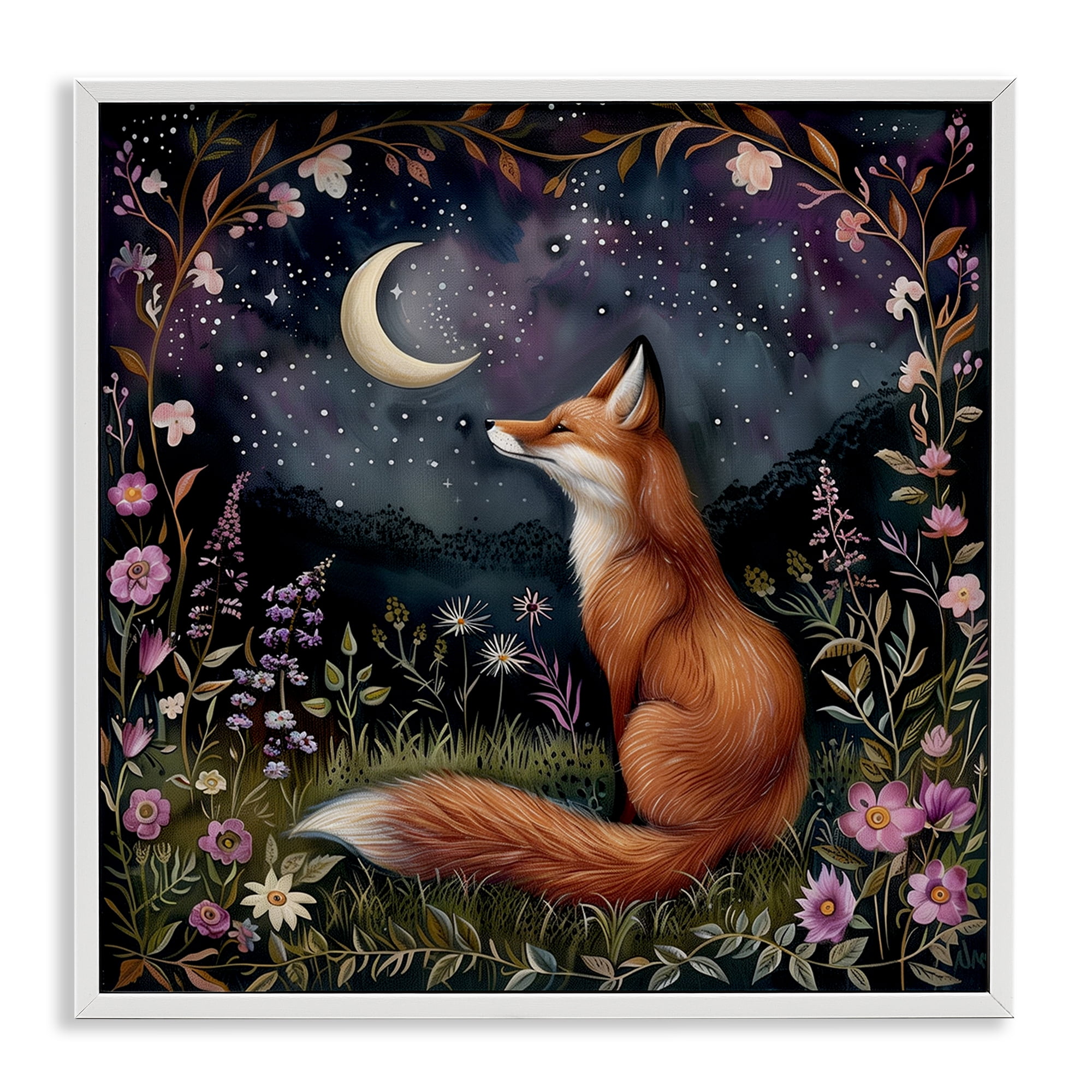Stupell Industries Woodland Fox Night Forest Animals Painting White Framed Art Print Wall Art, 12 x 12