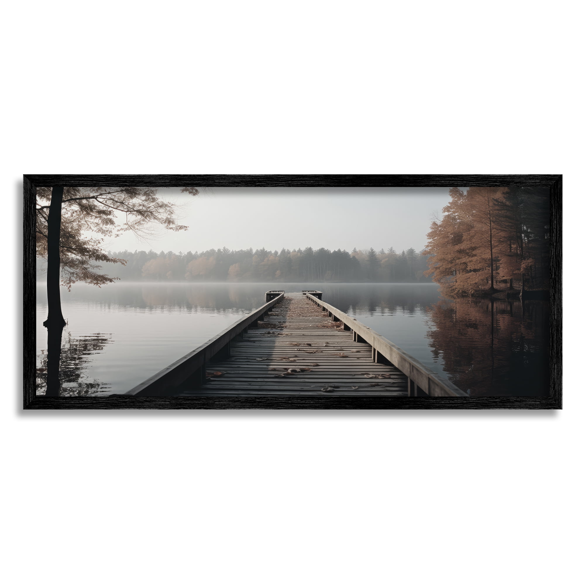 Stupell Industries Woodland Lake Dock Landscape Photography Black Framed Art Print Wall Art, 30 x 13