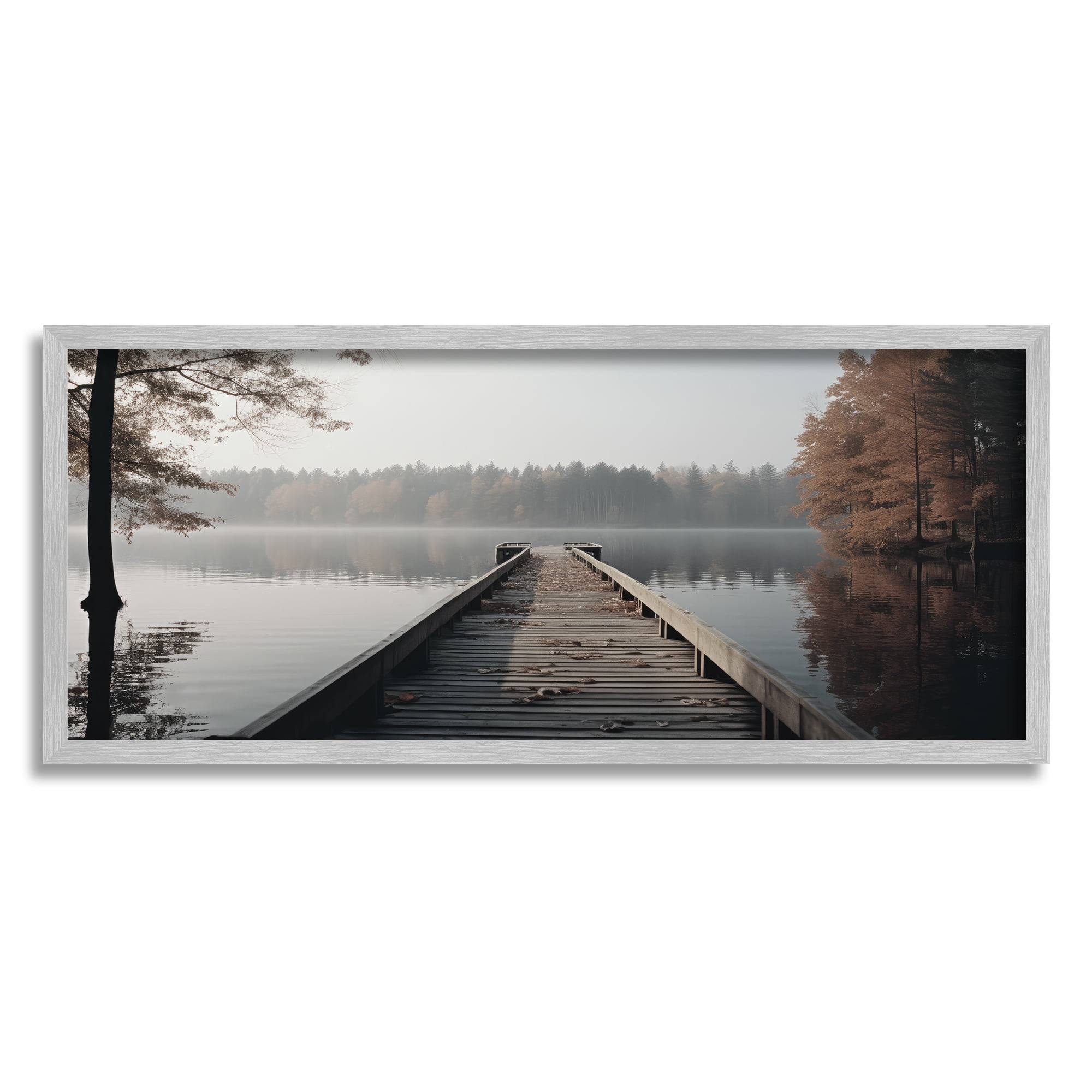 Stupell Industries Woodland Lake Dock Landscape Photography Gray Framed Art Print Wall Art, 30 x 13