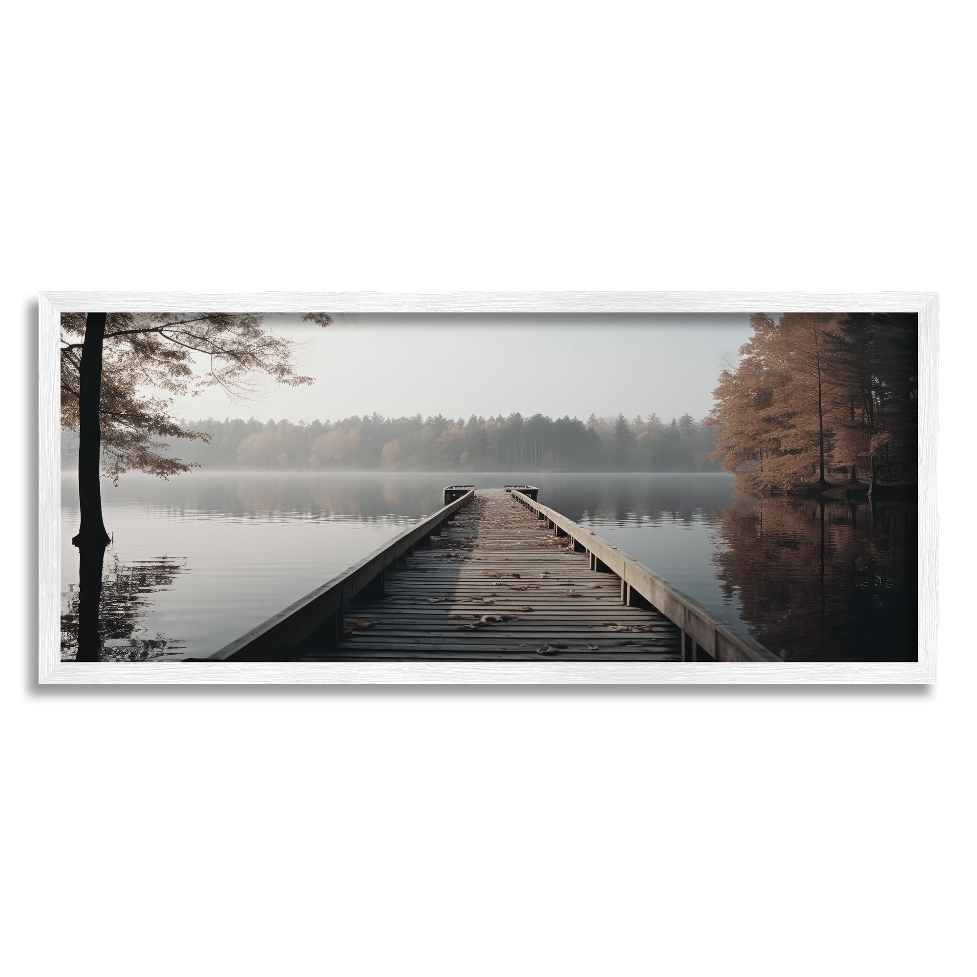 Stupell Industries Woodland Lake Dock Landscape Photography White Framed Art Print Wall Art, 24 x 10