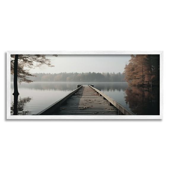 Stupell Industries Woodland Lake Dock Landscape Photography White Framed Art Print Wall Art, 30 x 13