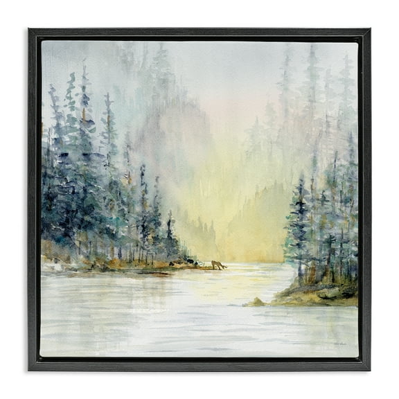 Stupell Industries Woodland Lake Scene Landscape & Nature Painting Black Floater Framed Canvas Art Print Wall Art, 18 x 18