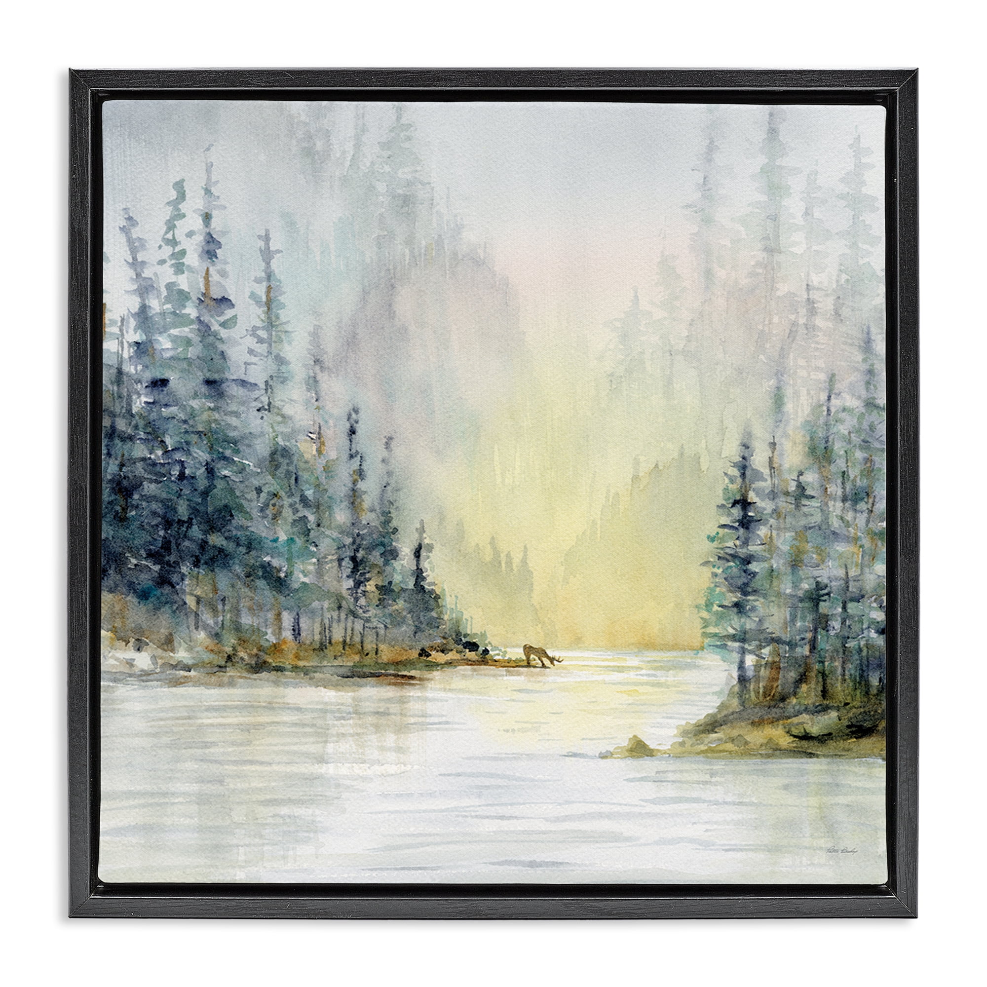 Stupell Industries Woodland Lake Scene Landscape & Nature Painting Black Floater Framed Canvas Art Print Wall Art, 25 x 25