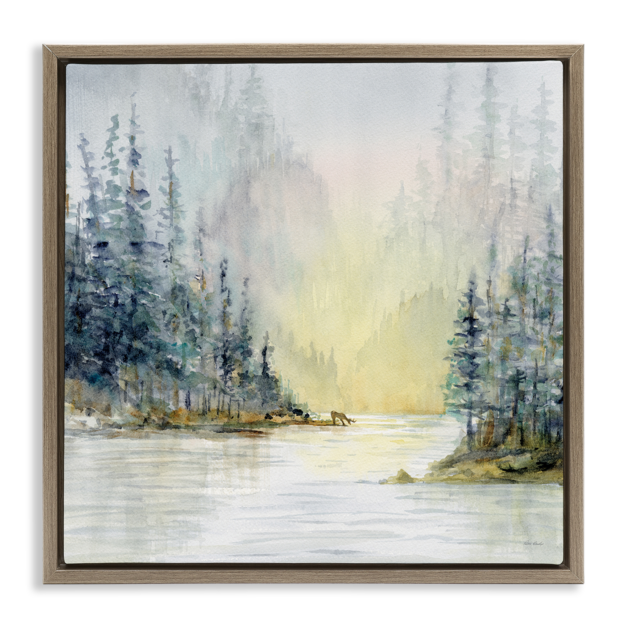 Stupell Industries Woodland Lake Scene Landscape & Nature Painting Brown Floater Framed Canvas Art Print Wall Art, 25 x 25