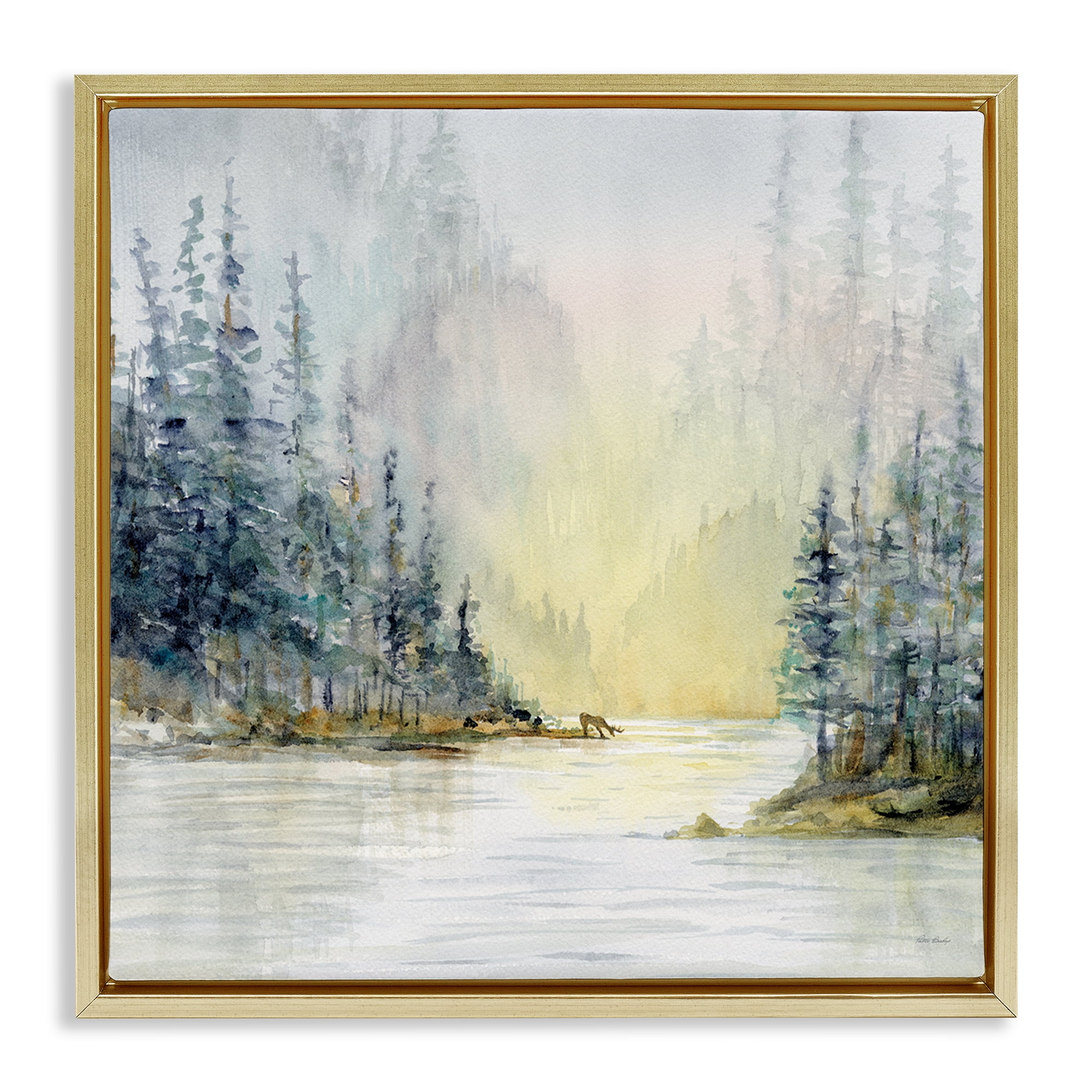 Stupell Industries Woodland Lake Scene Landscape & Nature Painting Gold Floater Framed Canvas Art Print Wall Art, 25 x 25