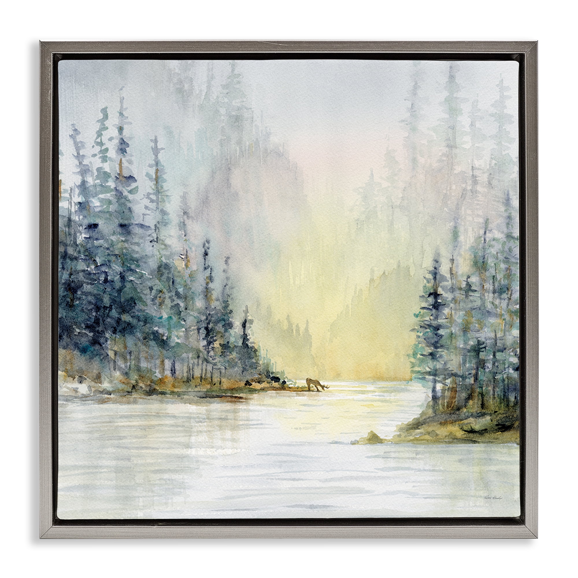 Stupell Industries Woodland Lake Scene Landscape & Nature Painting Gray Floater Framed Canvas Art Print Wall Art, 18 x 18