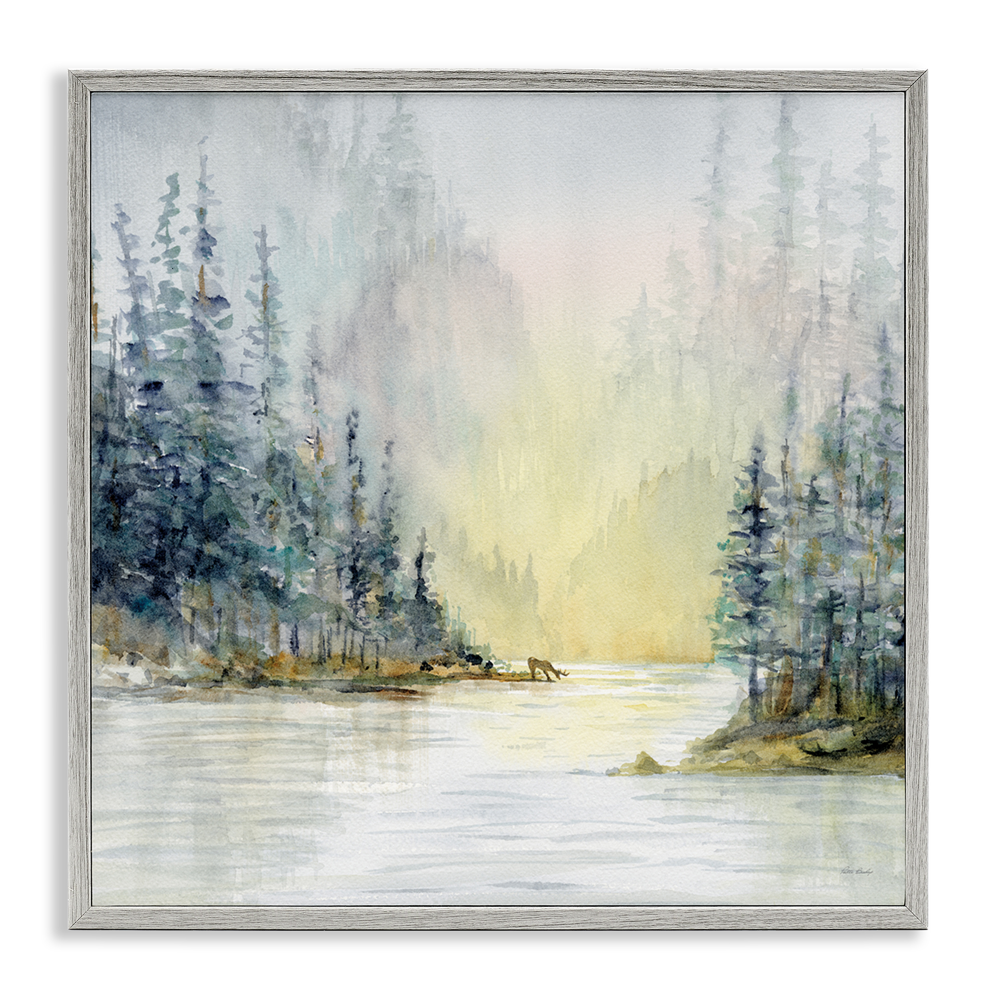 Stupell Industries Woodland Lake Scene Landscape & Nature Painting Gray Framed Art Print Wall Art, 24 x 24