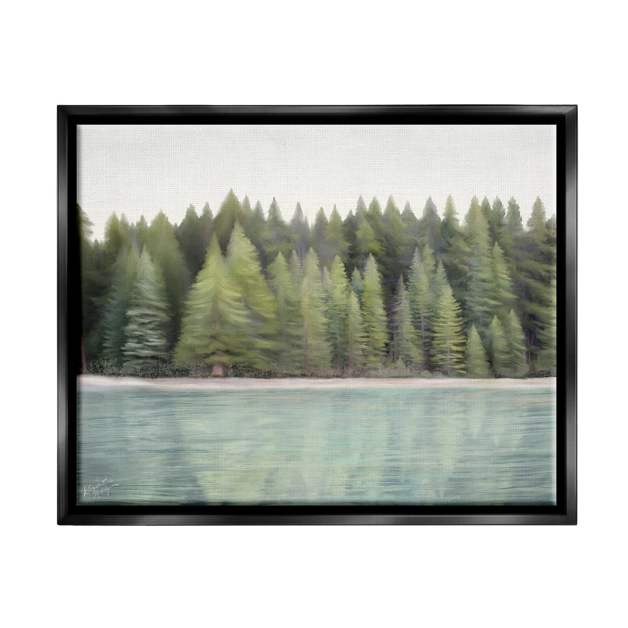 Stupell Industries Woodland Lake Shore Landscape Painting Black Floater Framed Canvas Art Print Wall Art, 21 x 17