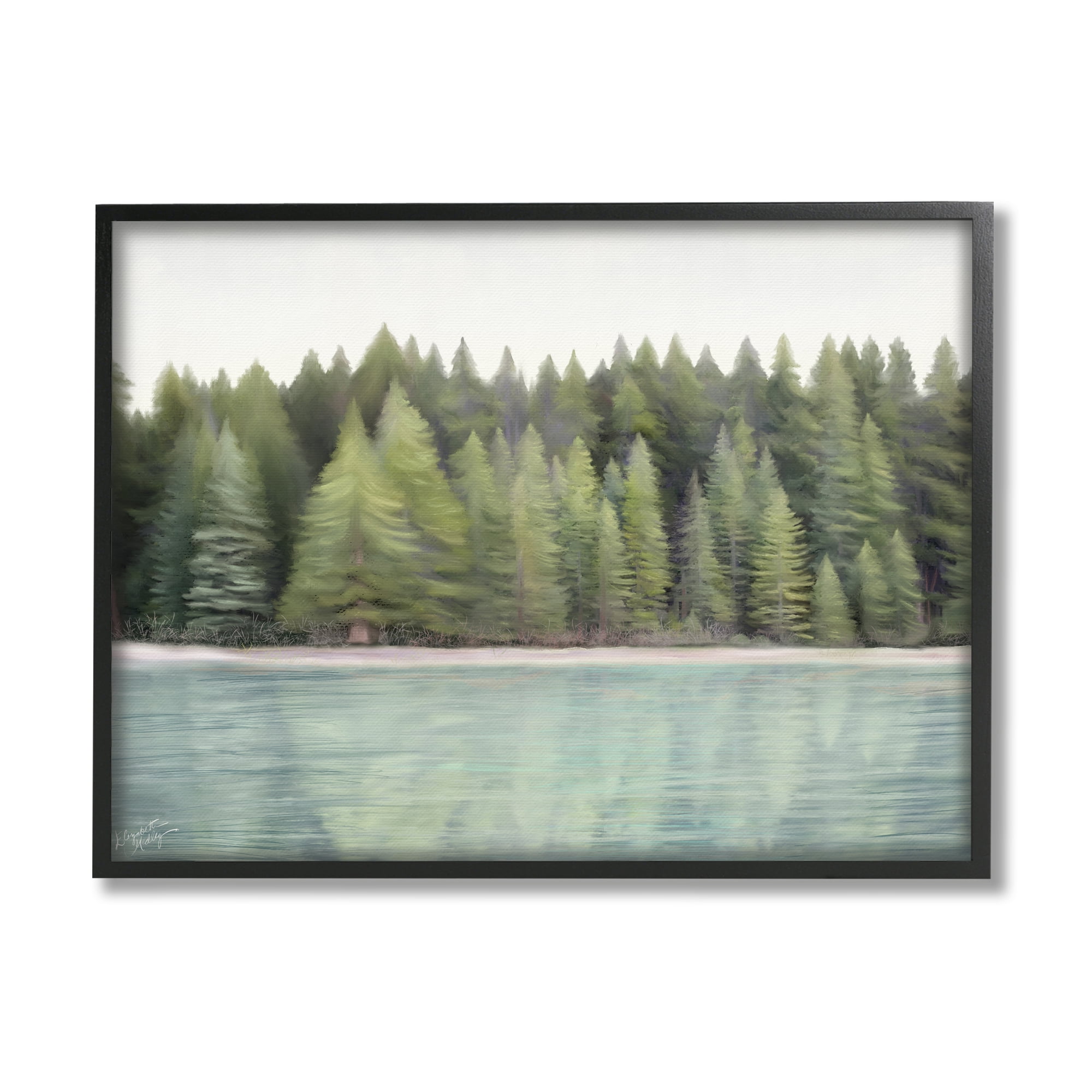 Stupell Industries Woodland Lake Shore Landscape Painting Black Framed Art Print Wall Art, 20 x 16