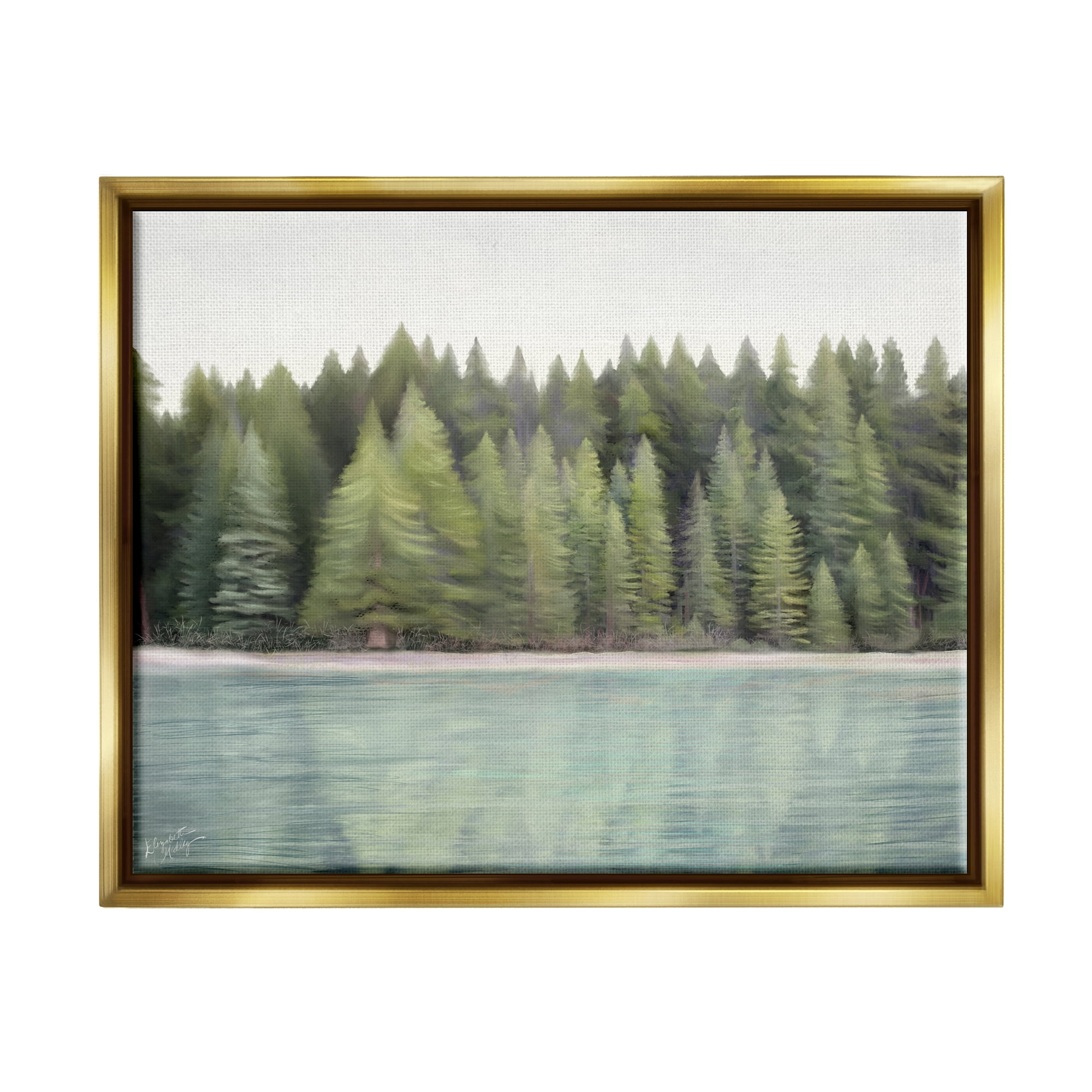 Stupell Industries Woodland Lake Shore Landscape Painting Gold Floater Framed Canvas Art Print Wall Art, 31 x 25