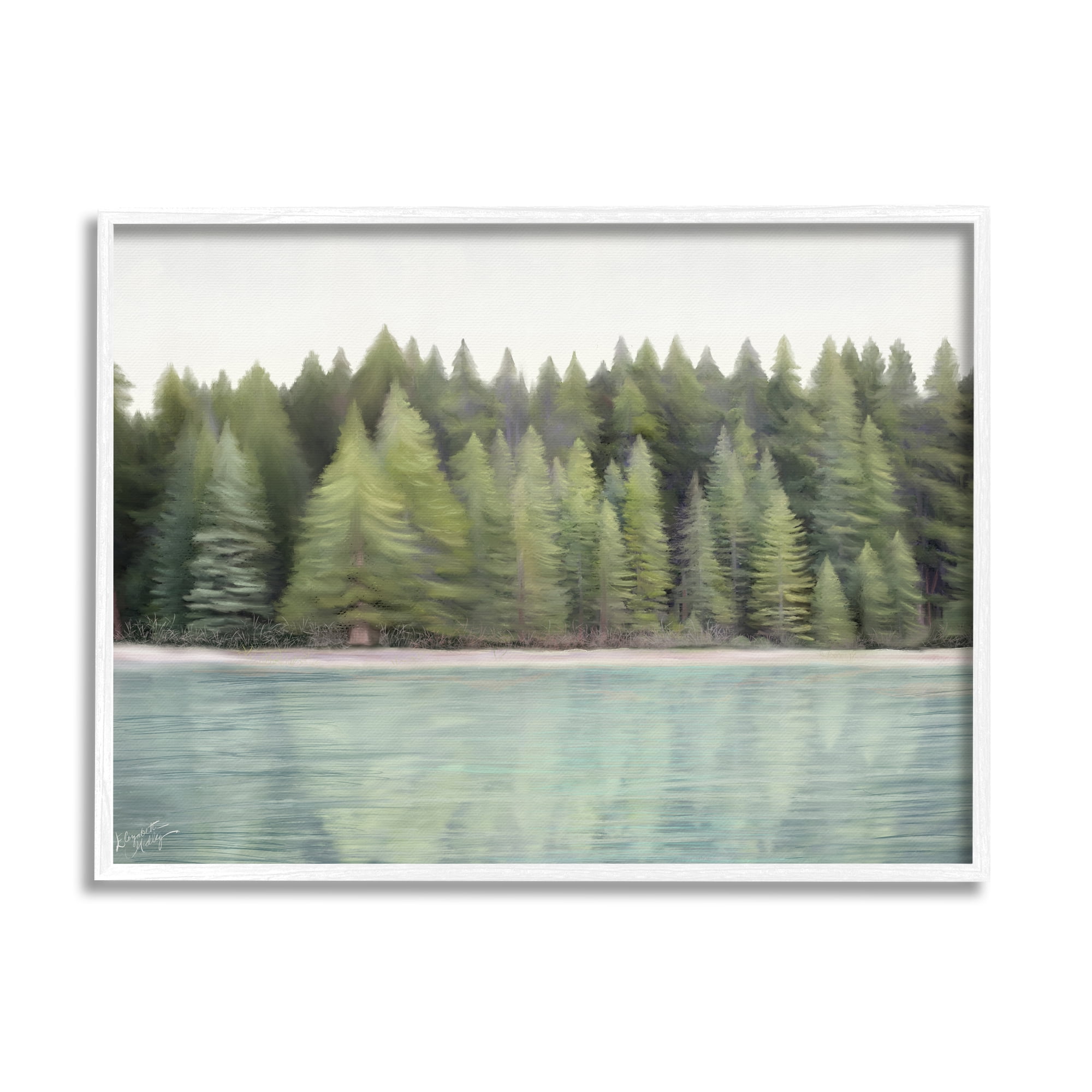 Stupell Industries Woodland Lake Shore Landscape Painting White Framed Art Print Wall Art, 30 x 24