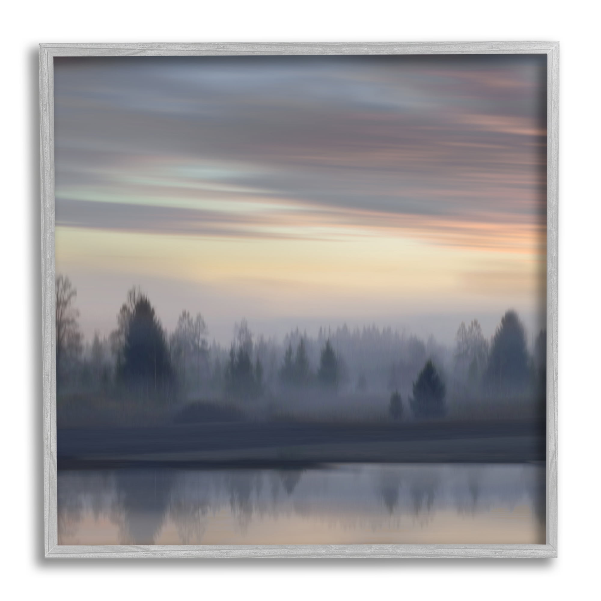Stupell Industries Woodland Lake Sunset Landscape Painting Gray Framed Art Print Wall Art, 12 x 12