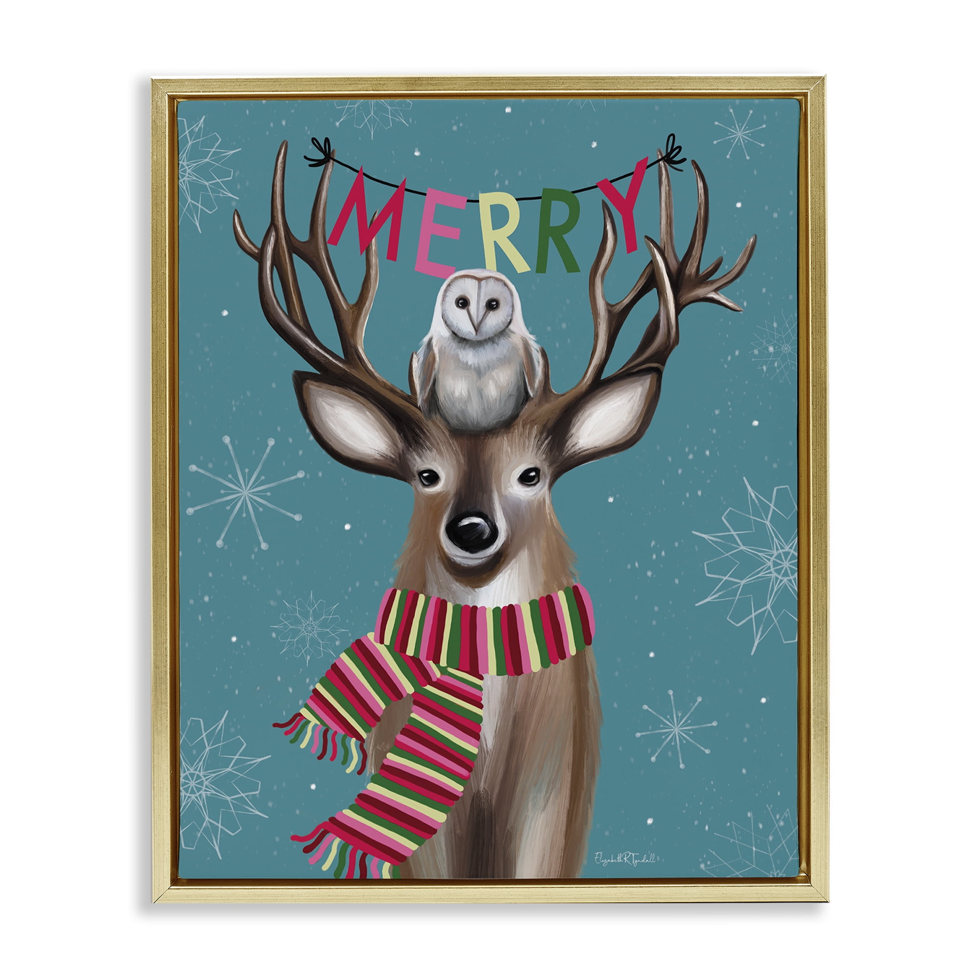 Stupell Industries Woodland Merry Creatures Holiday Painting Gold Floater Framed Art Print Wall Art, 17 x 21