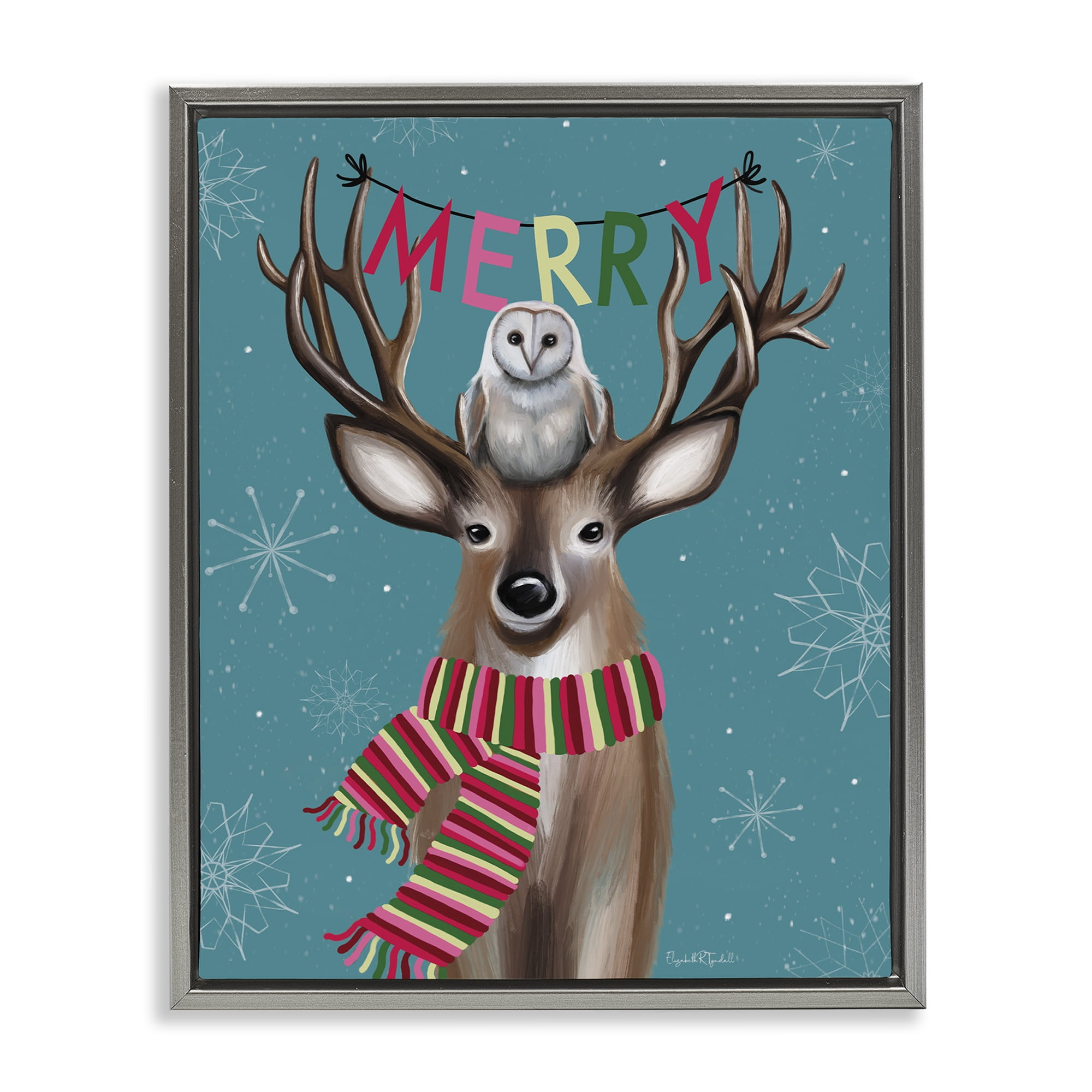 Stupell Industries Woodland Merry Creatures Holiday Painting Gray Floater Framed Art Print Wall Art, 25 x 31
