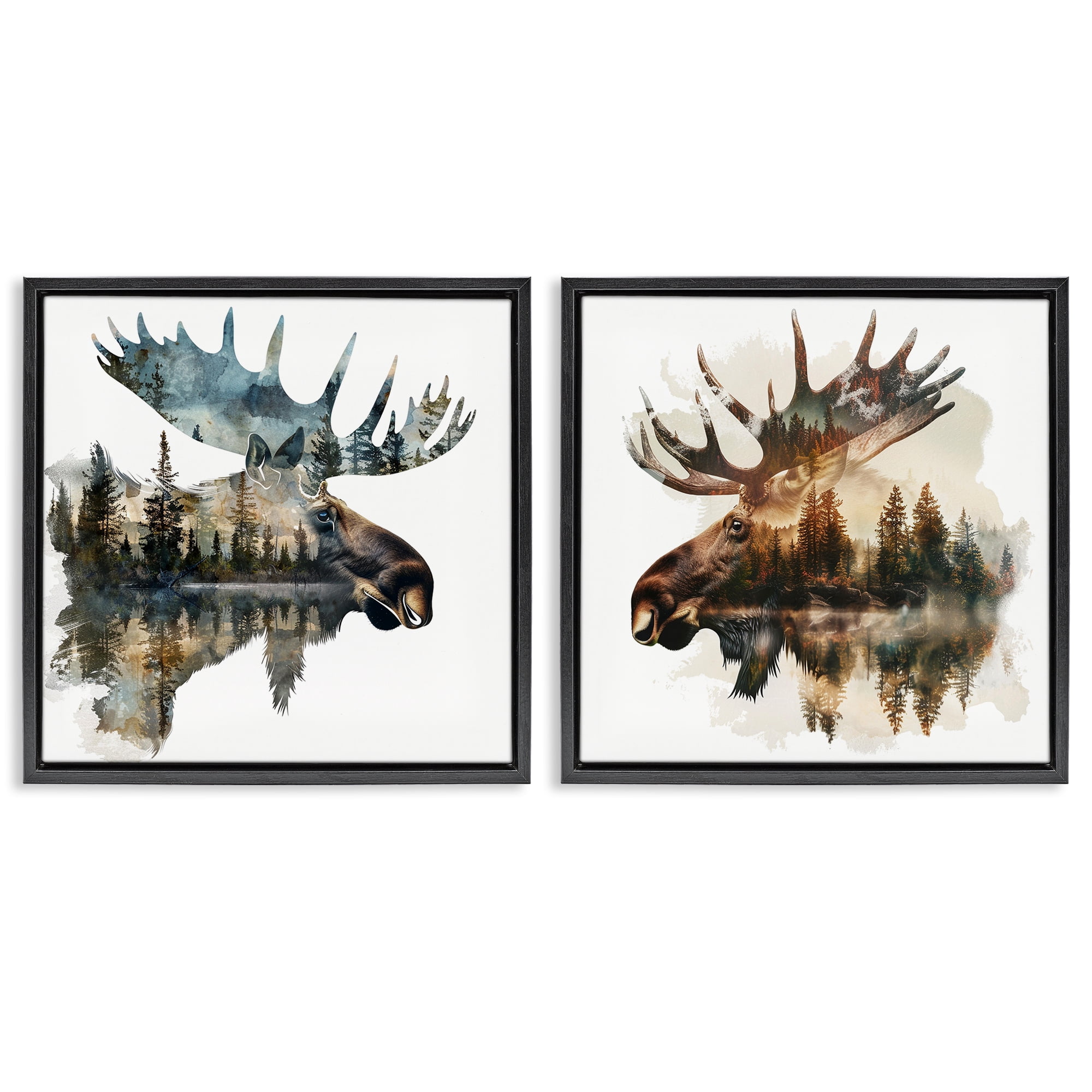 Stupell Industries Woodland Moose Forest Silhouettes Animals Painting Black Floater Framed Canvas Art Print Wall Art, 18 x 18, Set of 2