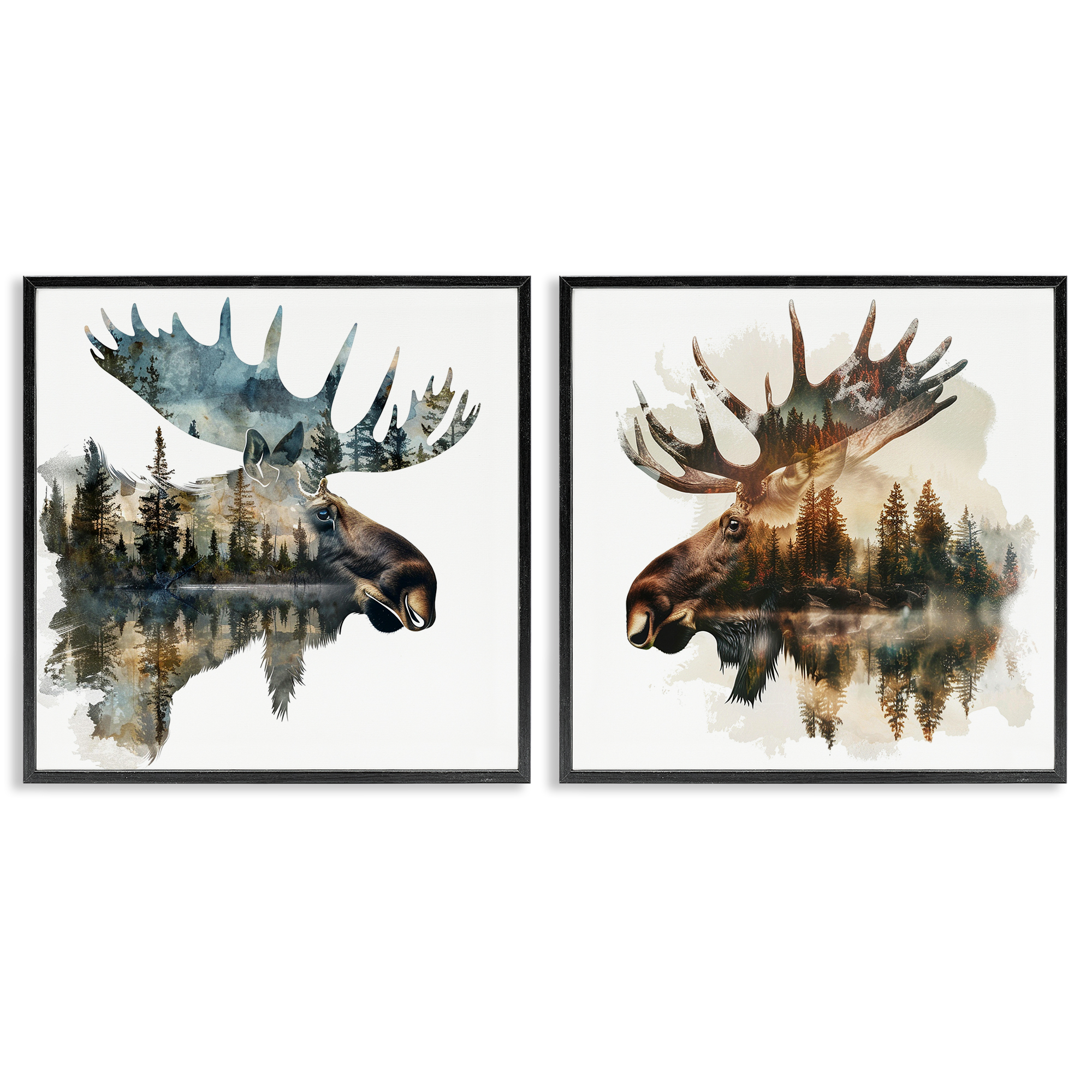 Stupell Industries Woodland Moose Forest Silhouettes Animals Painting Black Framed Art Print Wall Art, 17 x 17, Set of 2