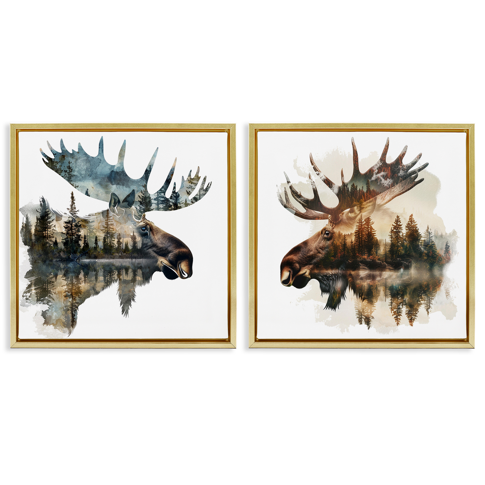 Stupell Industries Woodland Moose Forest Silhouettes Animals Painting Gold Floater Framed Canvas Art Print Wall Art, 18 x 18, Set of 2