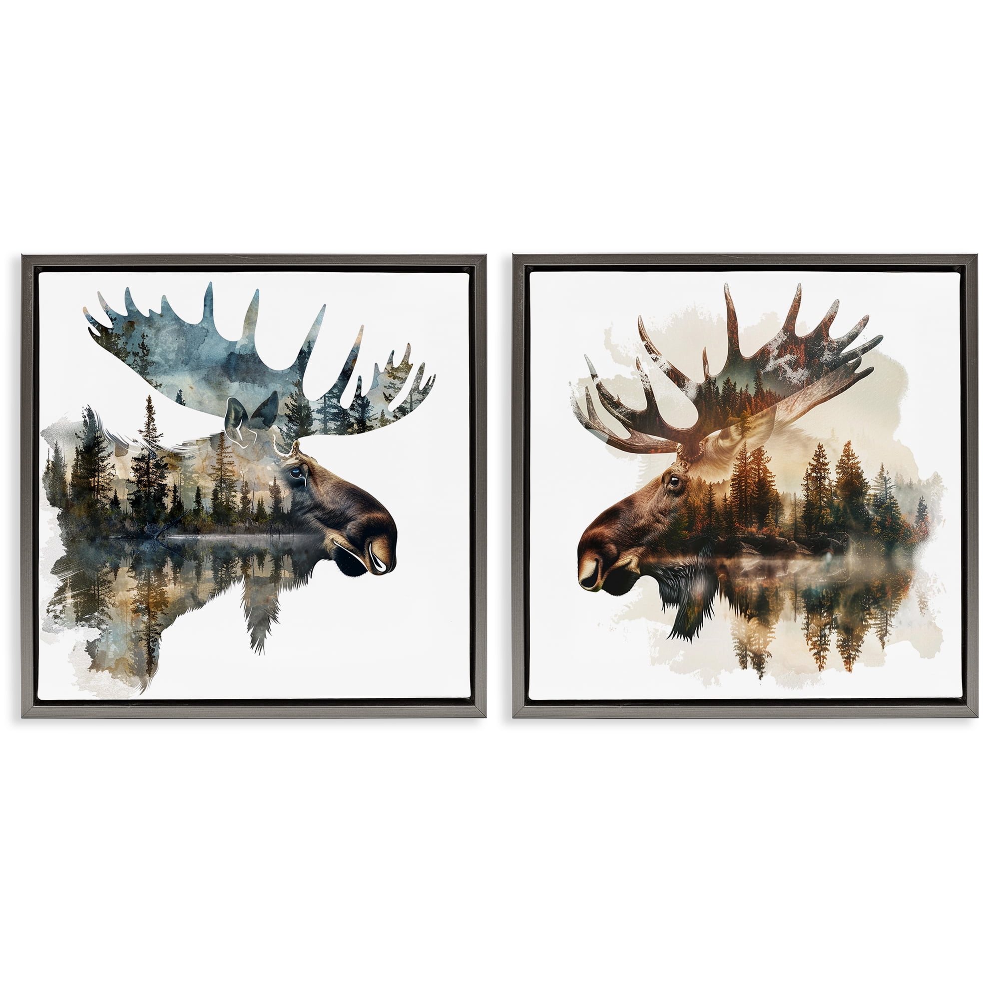 Stupell Industries Woodland Moose Forest Silhouettes Animals Painting Gray Floater Framed Canvas Art Print Wall Art, 25 x 25, Set of 2