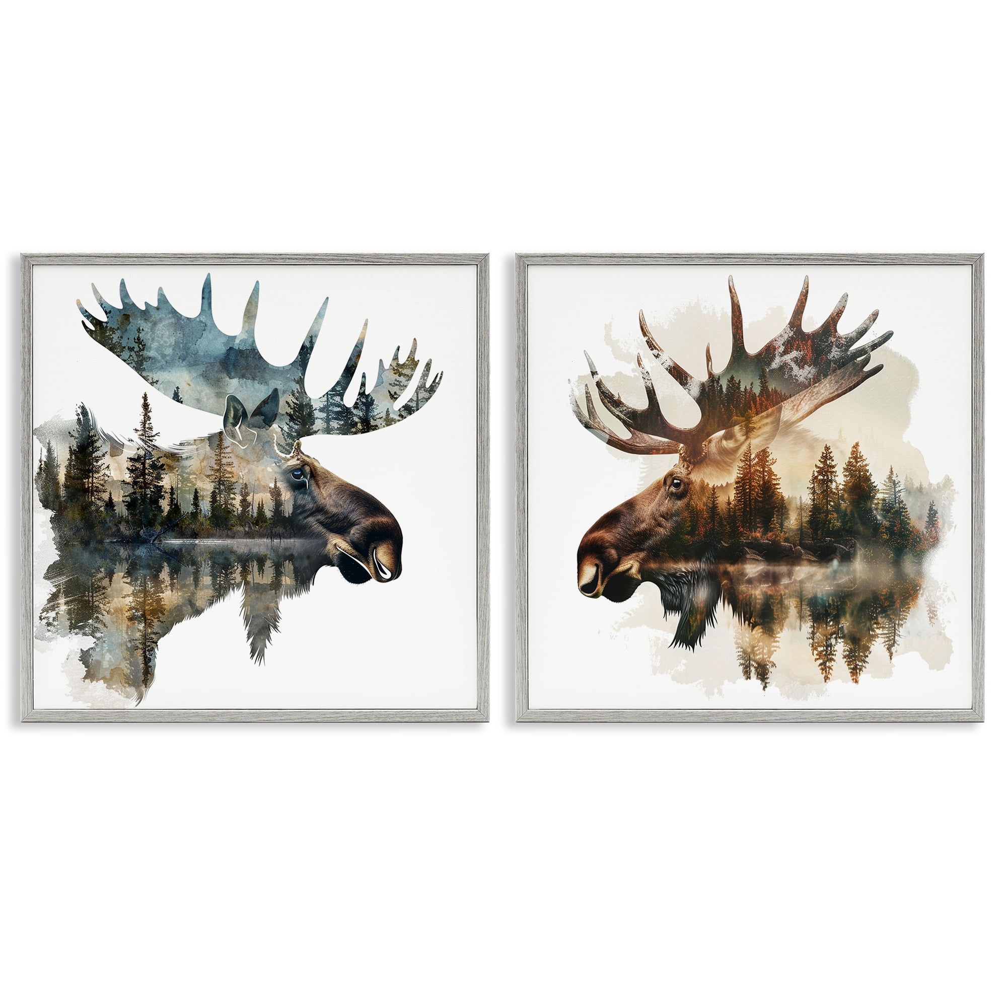 Stupell Industries Woodland Moose Forest Silhouettes Animals Painting Gray Framed Art Print Wall Art, 17 x 17, Set of 2