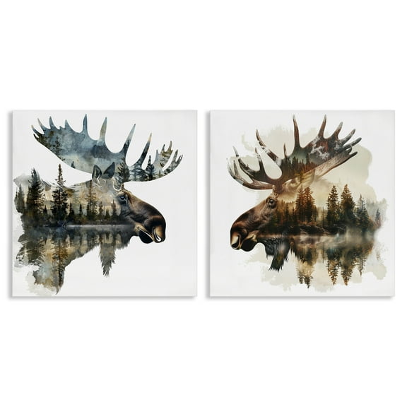 Stupell Industries Woodland Moose Forest Silhouettes Animals Painting Wrapped Canvas Art Print Wall Art, 17 x 17, Set of 2