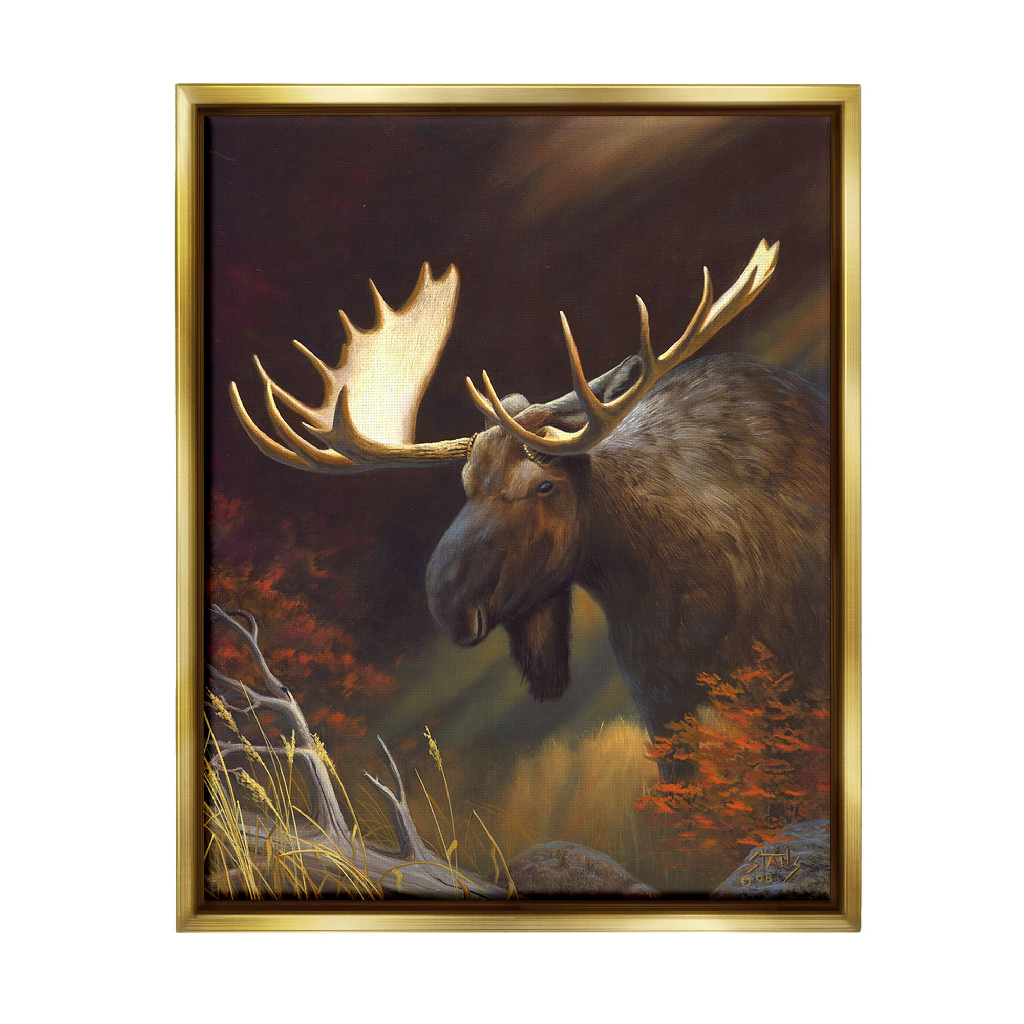 Stupell Industries Woodland Moose Portrait Animals & Insects Painting Gold Floater Framed Canvas Art Print Wall Art, 25 x 31