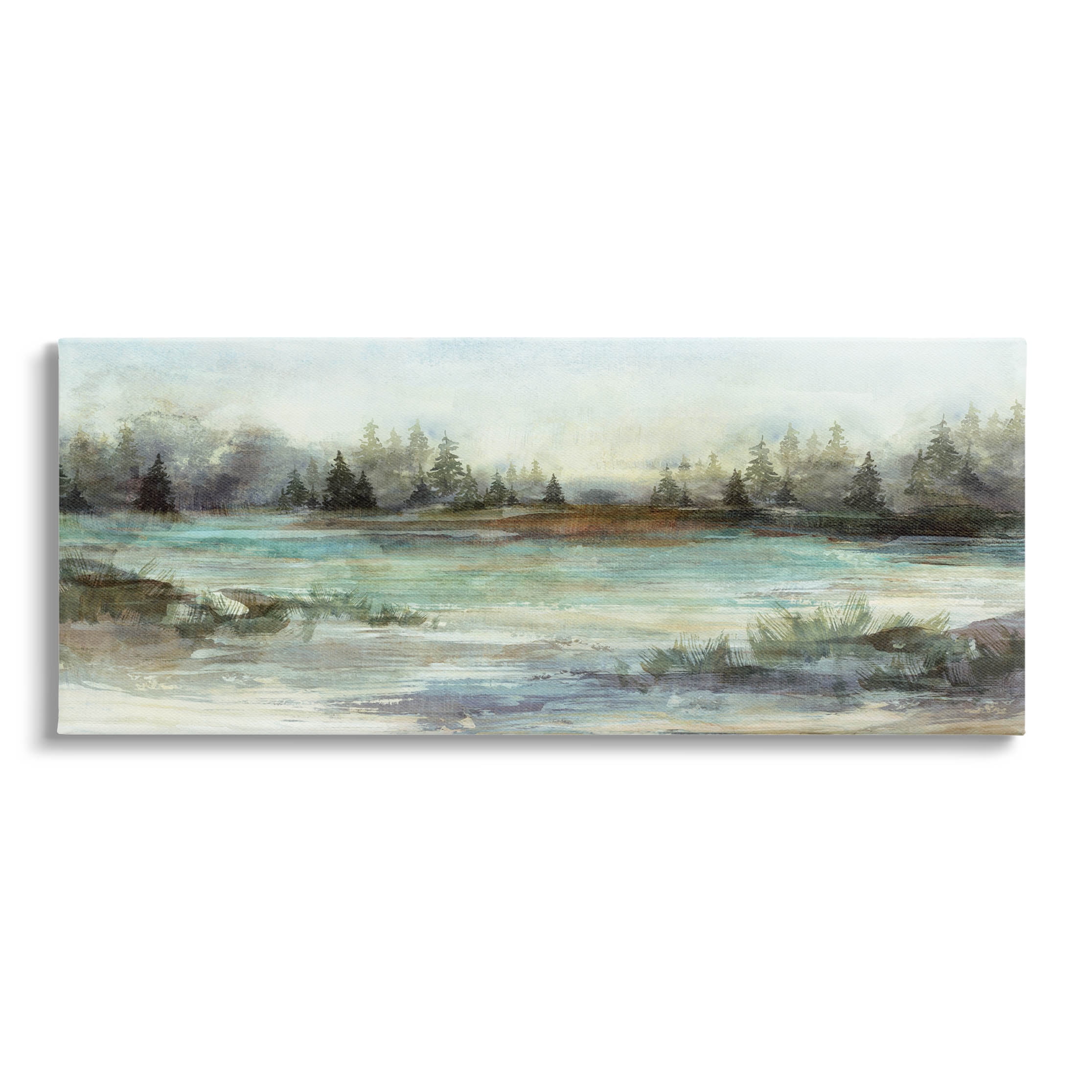 Serene Woodland Nature Landscape Canvas Art in Blue and Green