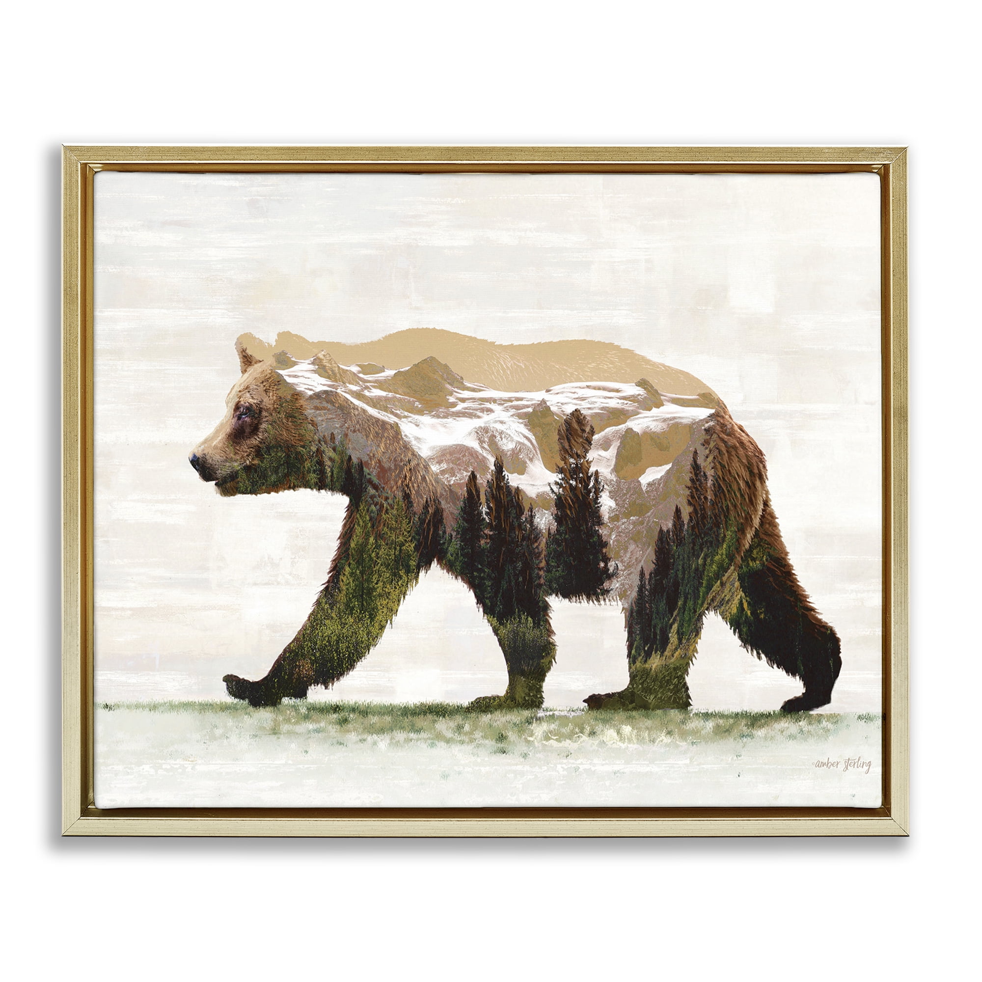 Stupell Industries Woodland Pattern Bear Animals & Insects Painting Gold Floater Framed Art Print Wall Art, 21 x 17
