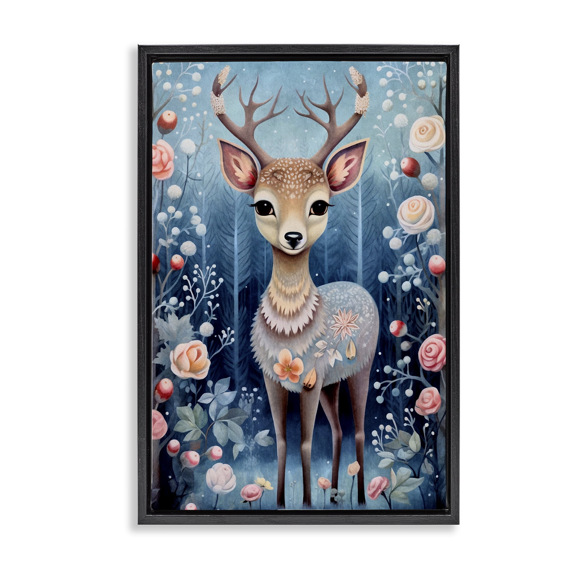 Stupell Industries Woodland Pattern Deer Animals & Insects Painting Black Floater Framed Art Print Wall Art, 21 x 31