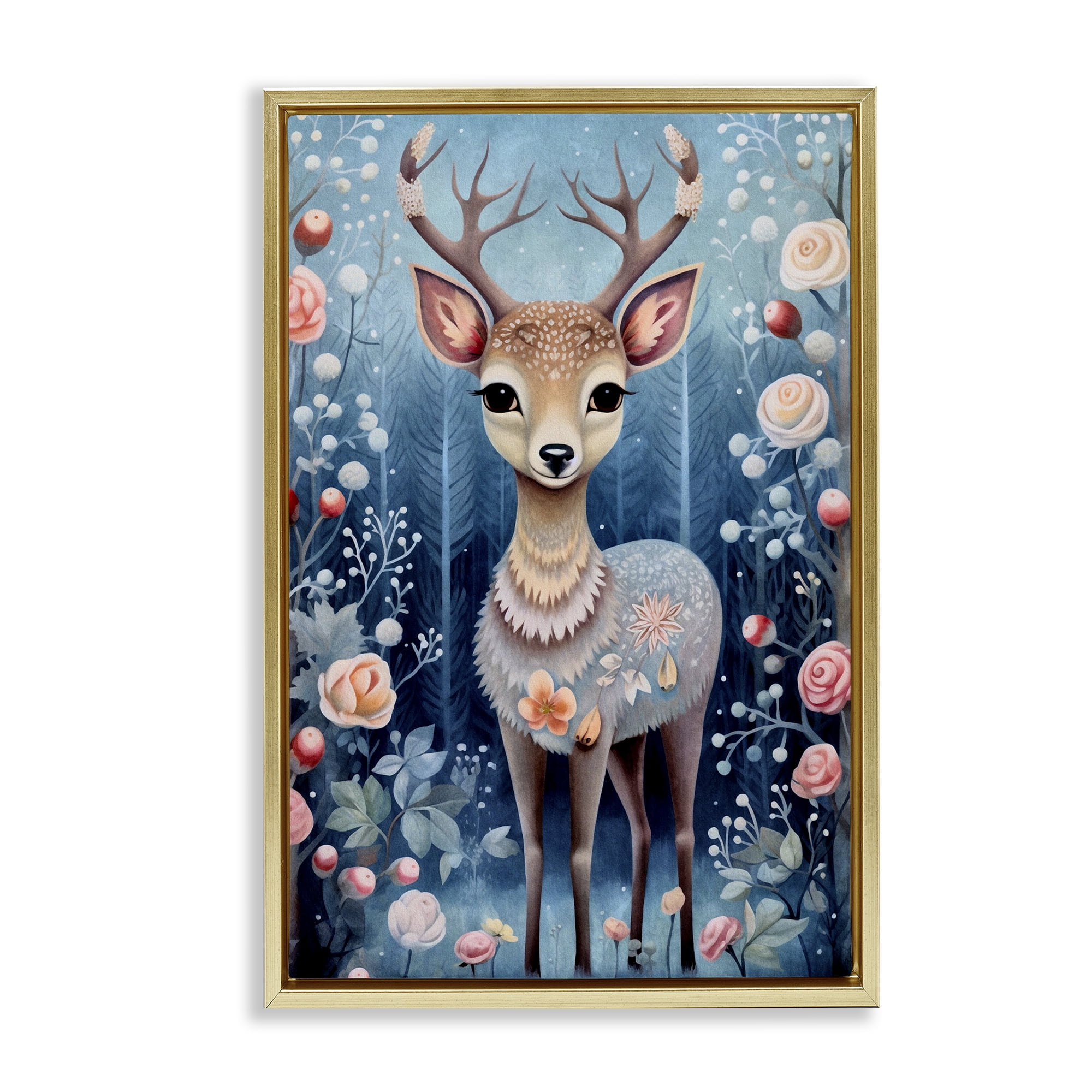 Stupell Industries Woodland Pattern Deer Animals & Insects Painting Gold Floater Framed Art Print Wall Art, 21 x 31