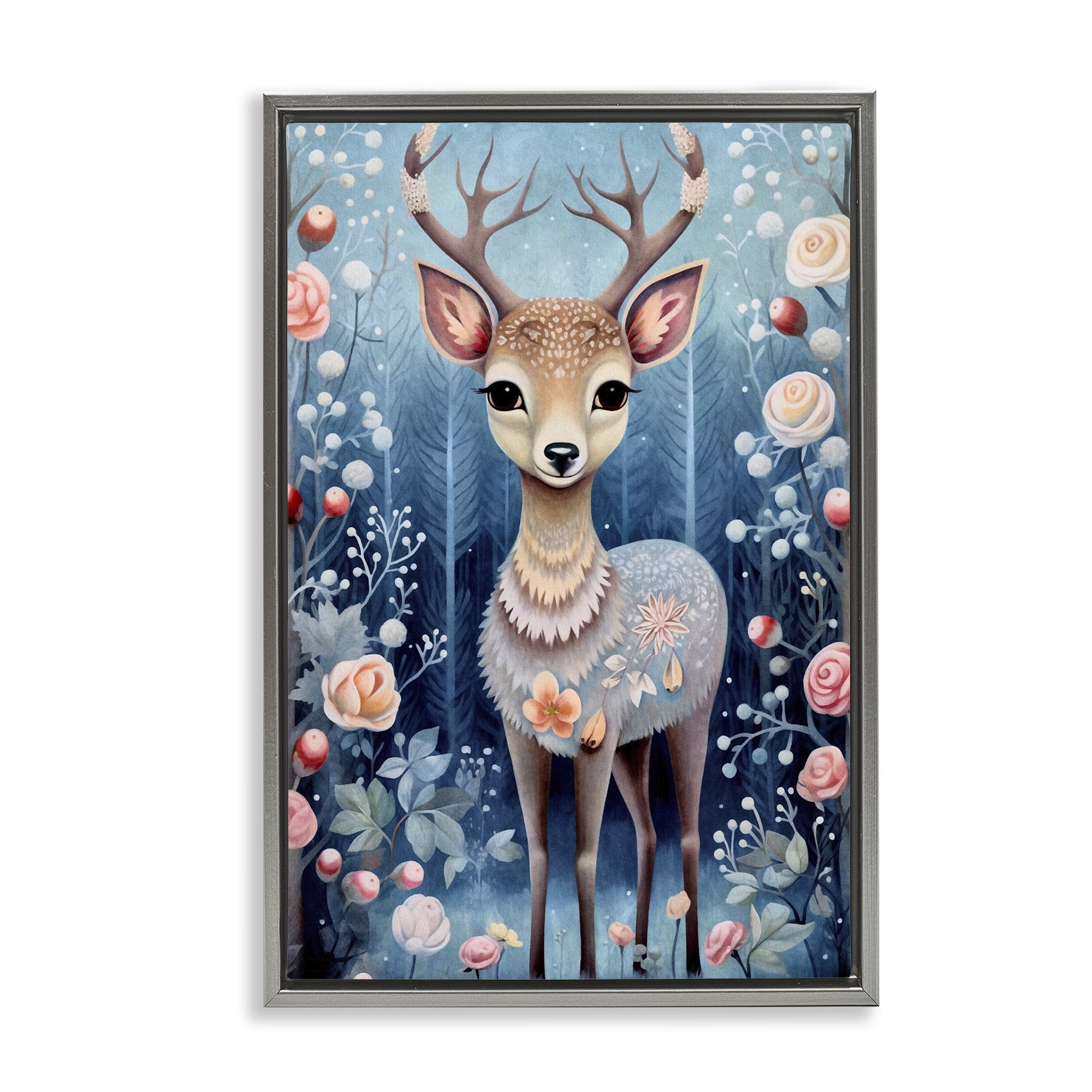 Stupell Industries Woodland Pattern Deer Animals & Insects Painting Gray Floater Framed Art Print Wall Art, 21 x 31