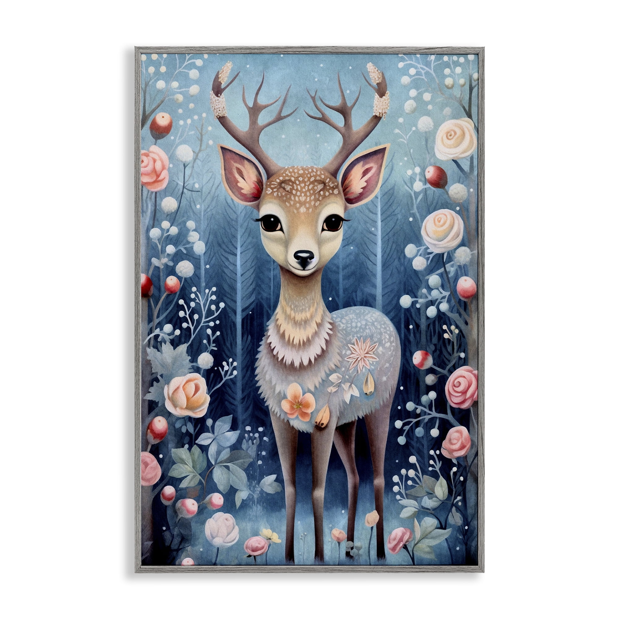 Stupell Industries Woodland Pattern Deer Animals & Insects Painting Gray Framed Art Print Wall Art, 20 x 30