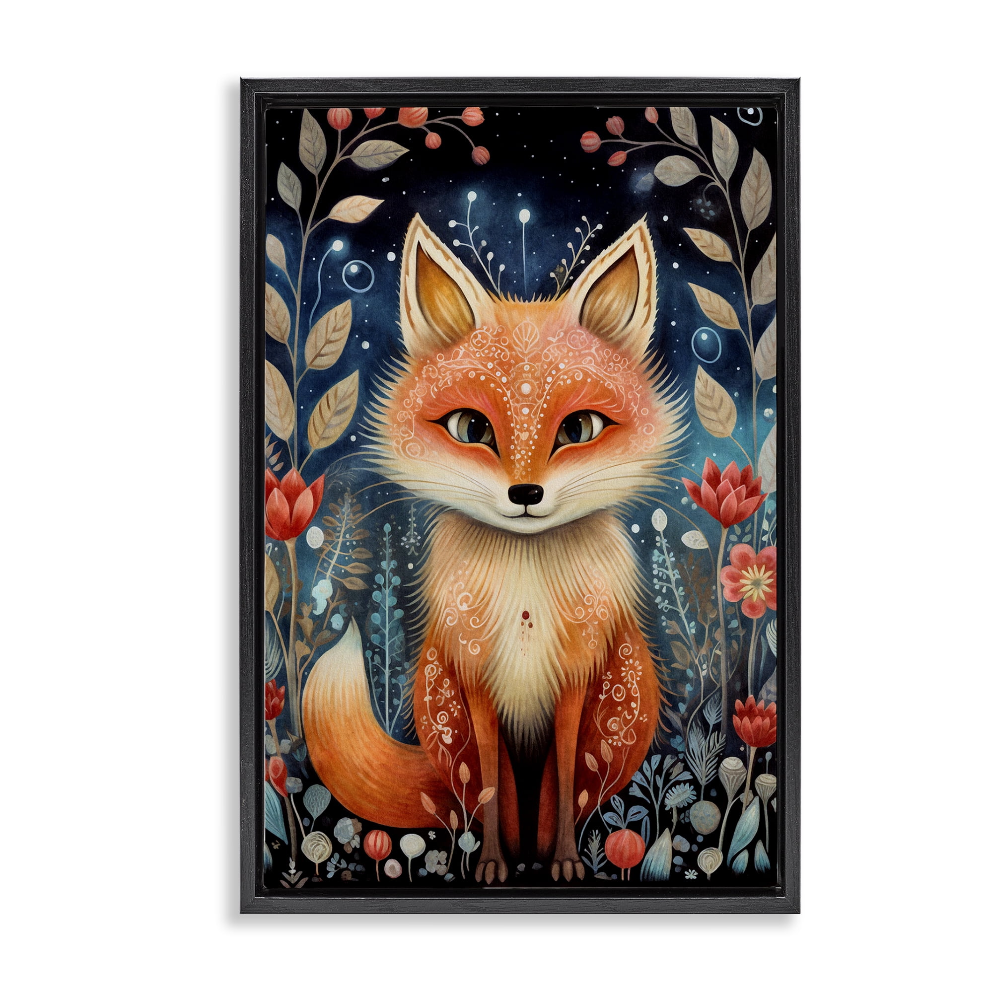 Stupell Industries Woodland Pattern Fox Animals & Insects Painting Black Floater Framed Art Print Wall Art, 21 x 31