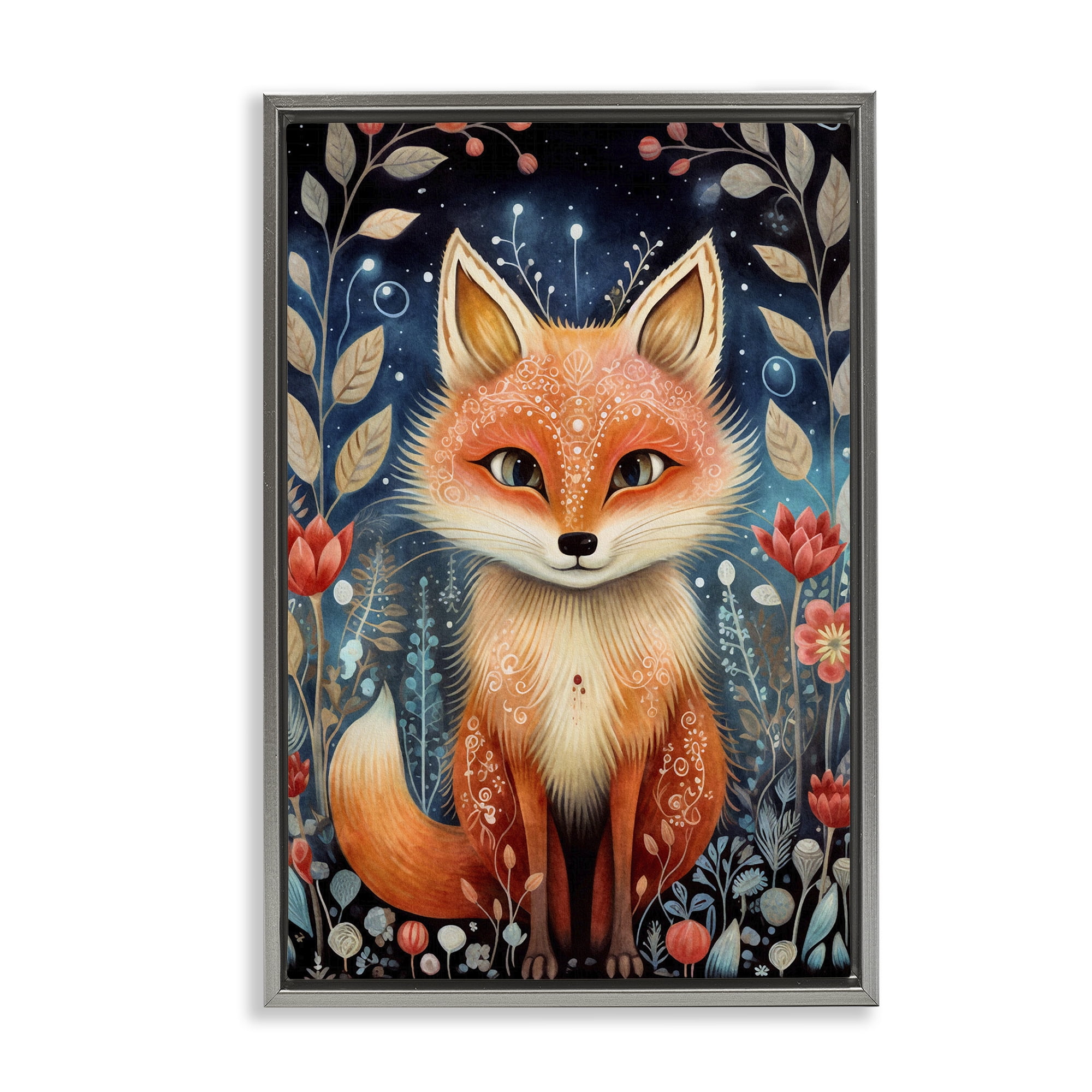 Stupell Industries Woodland Pattern Fox Animals & Insects Painting Gray Floater Framed Art Print Wall Art, 21 x 31