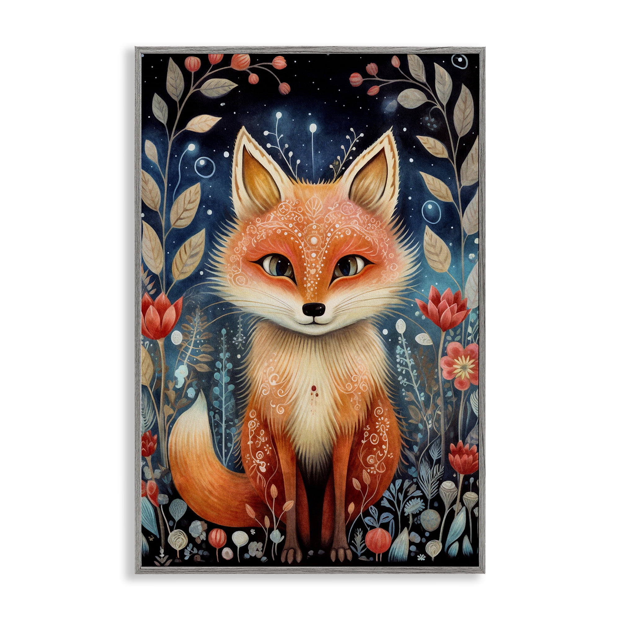 Stupell Industries Woodland Pattern Fox Animals & Insects Painting Gray Framed Art Print Wall Art, 12 x 18