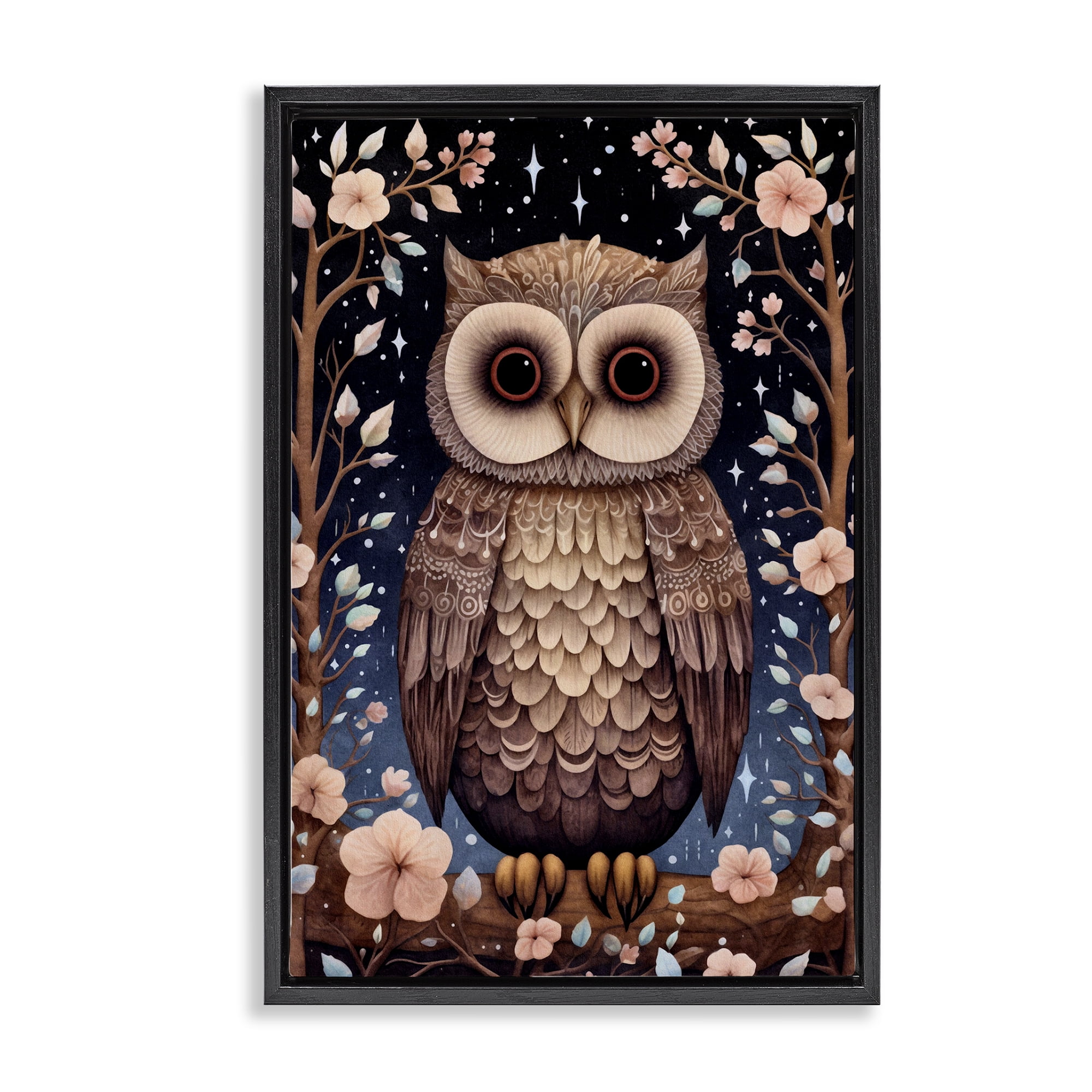 Stupell Industries Woodland Pattern Owl Animals & Insects Painting Black Floater Framed Art Print Wall Art, 21 x 31