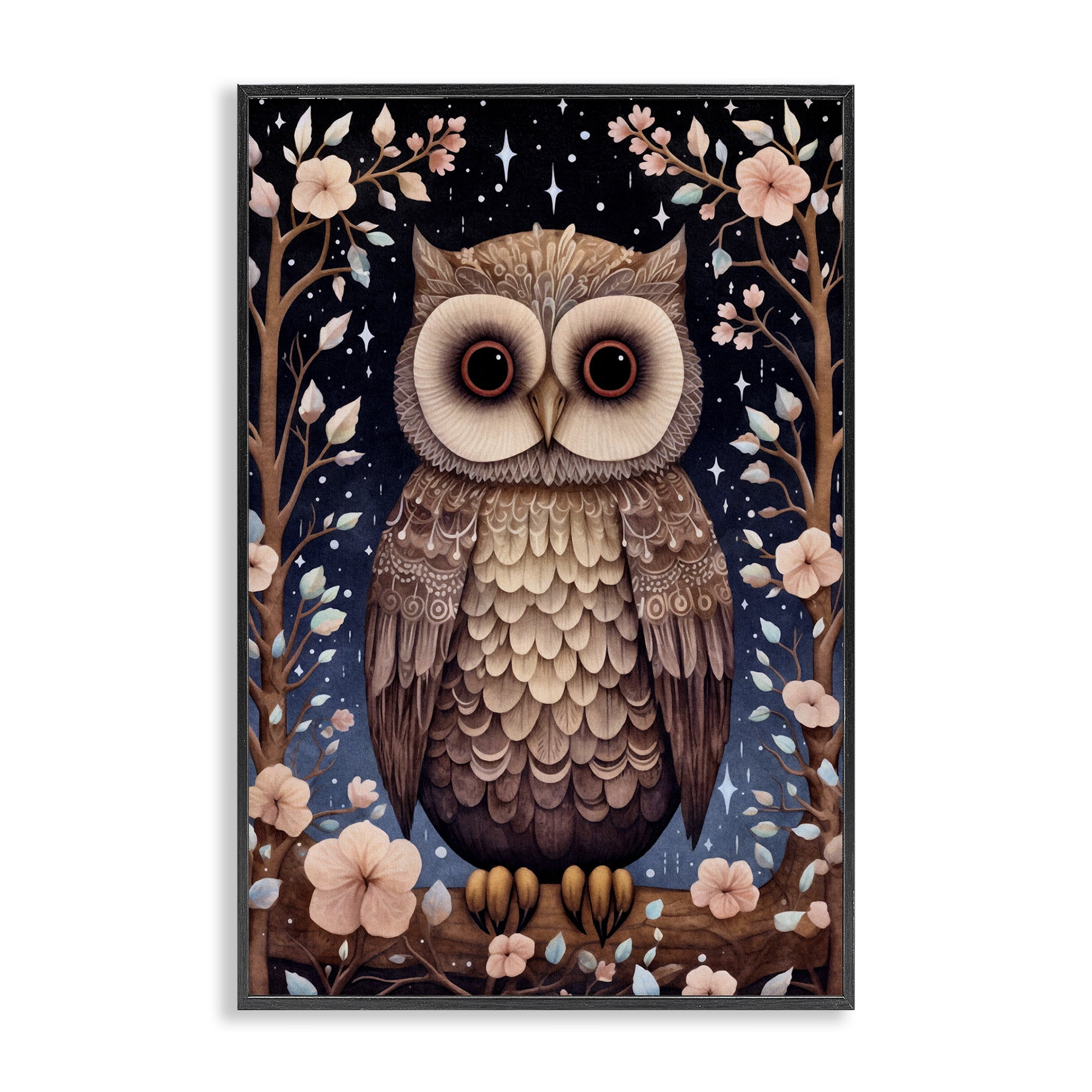 Stupell Industries Woodland Pattern Owl Animals & Insects Painting Black Framed Art Print Wall Art, 16 x 24