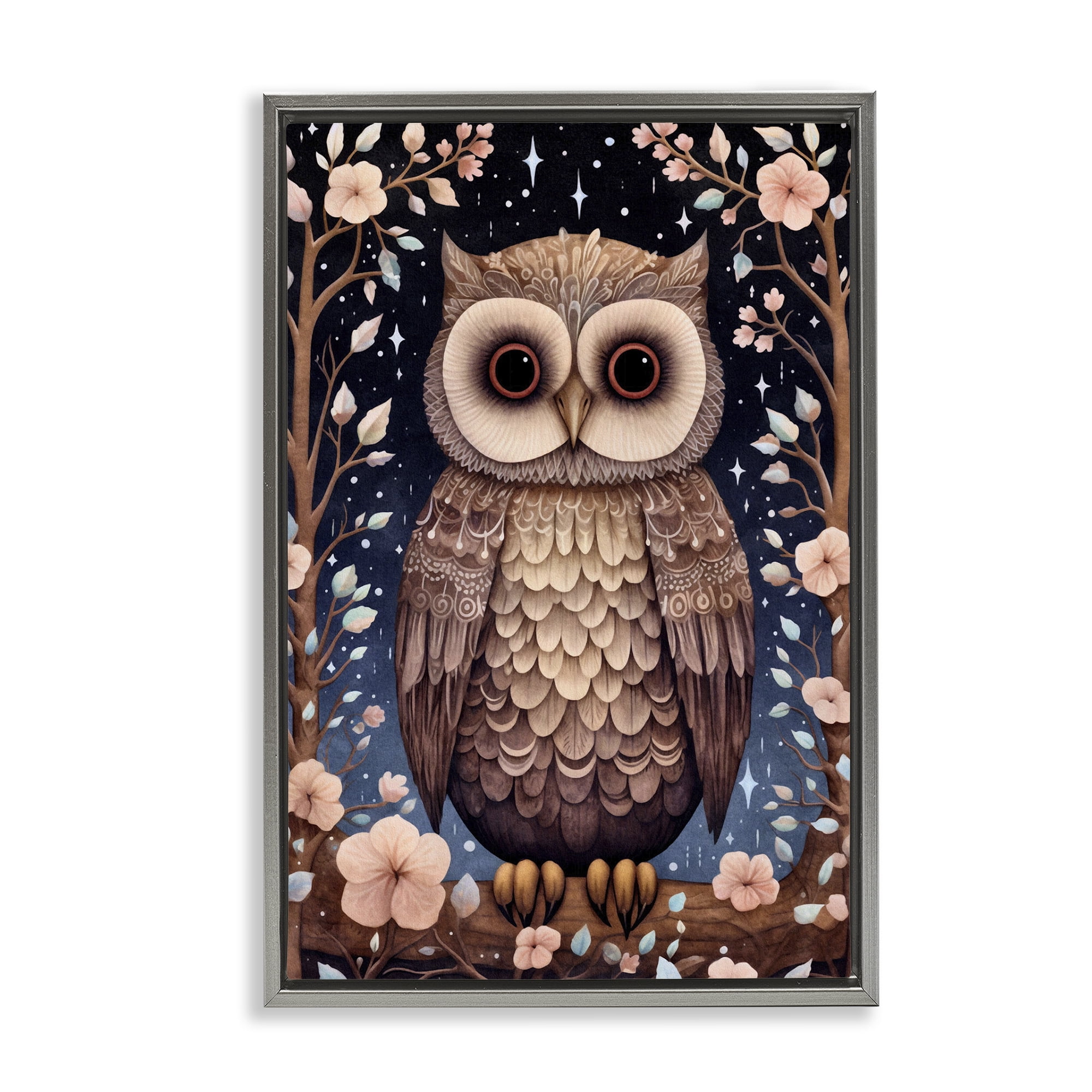 Stupell Industries Woodland Pattern Owl Animals & Insects Painting Gray Floater Framed Art Print Wall Art, 21 x 31