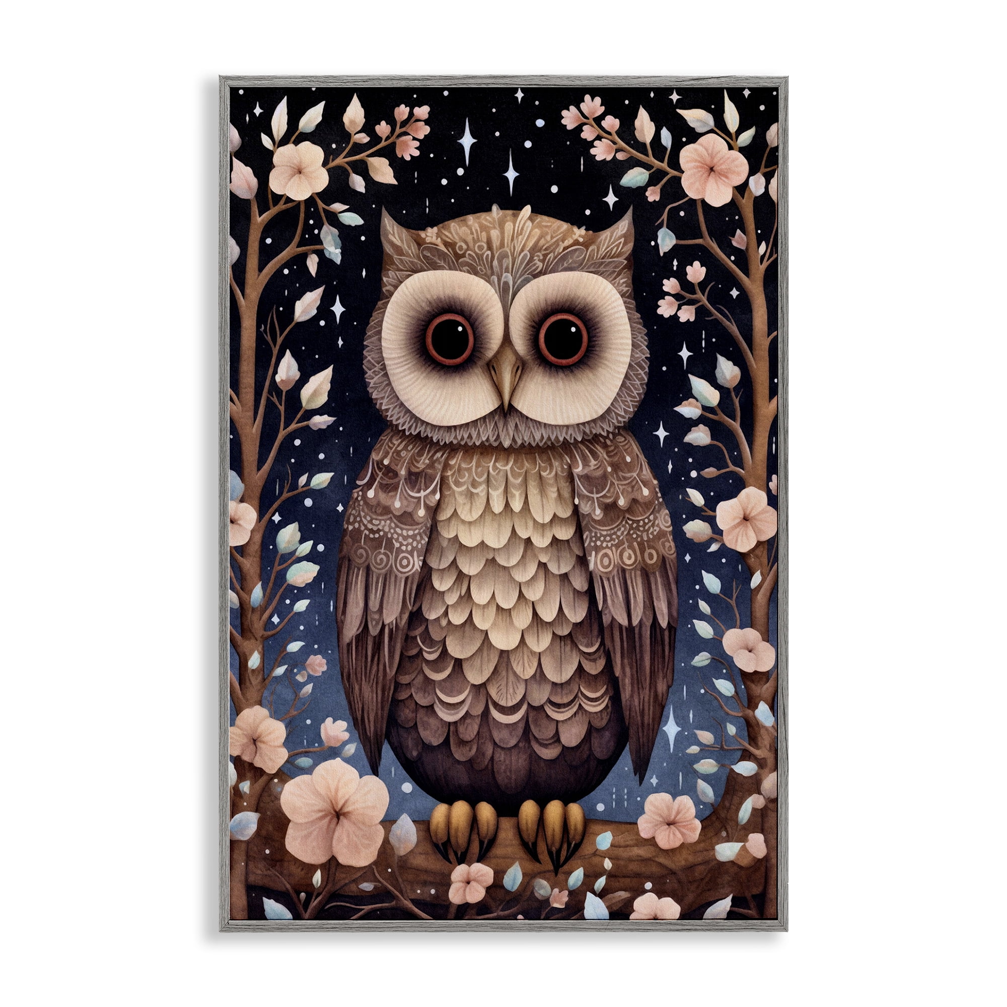 Stupell Industries Woodland Pattern Owl Animals & Insects Painting Gray Framed Art Print Wall Art, 12 x 18